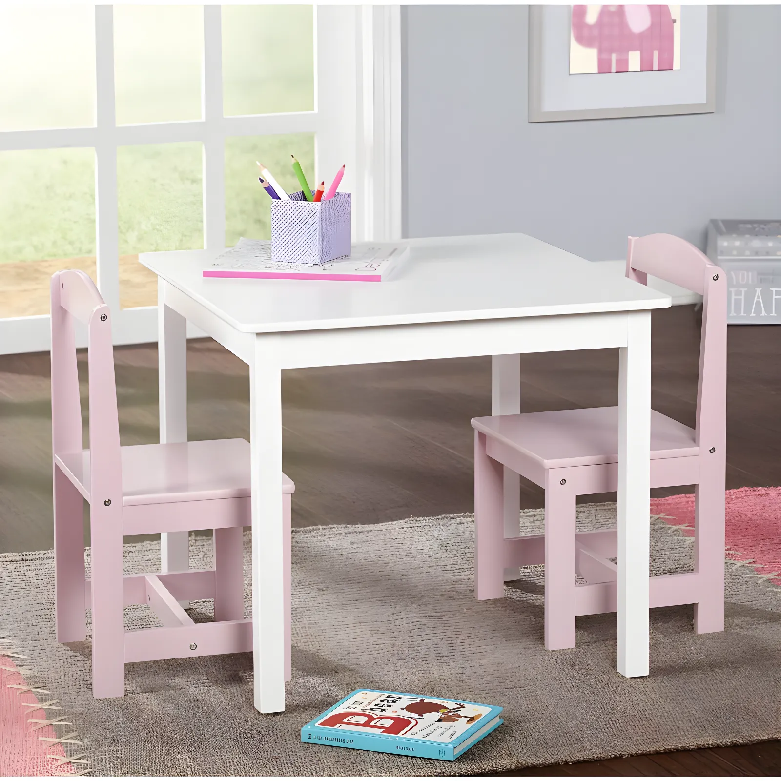 White and Pink Wooden Kids Table and Chair Set