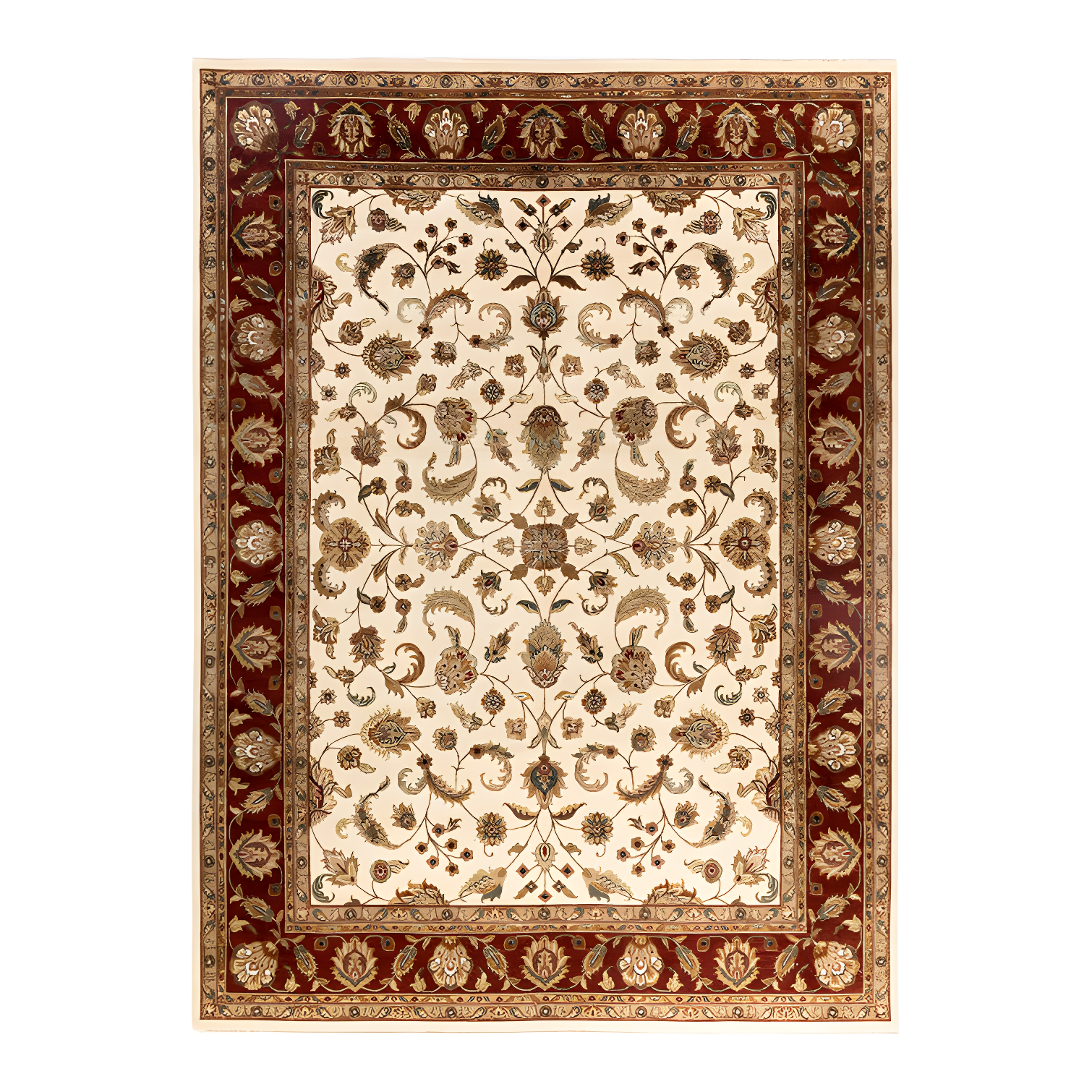 Ivory and Red Hand-Knotted Wool Rectangular Area Rug