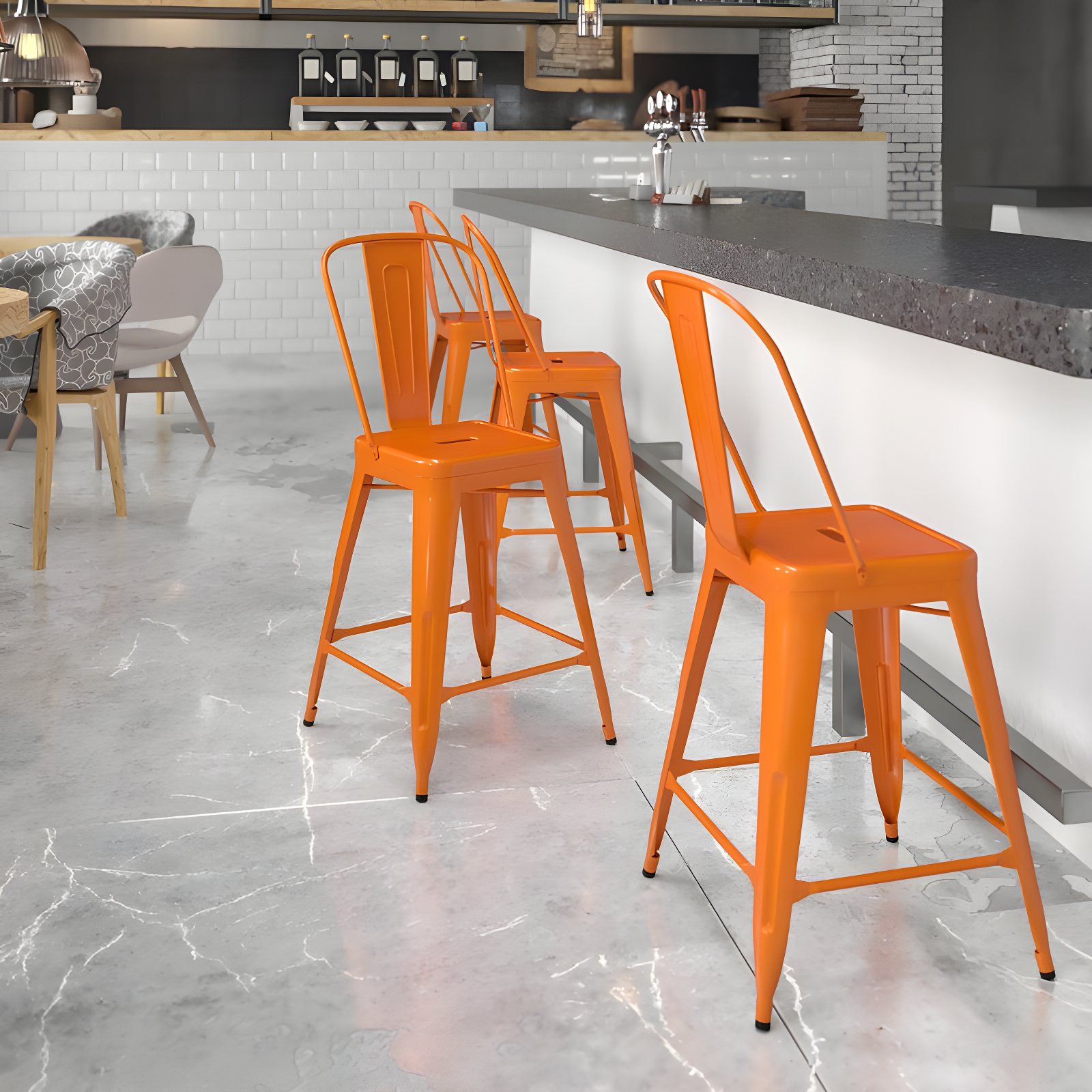 24" Orange Metal Indoor-Outdoor Counter Height Stool with Back