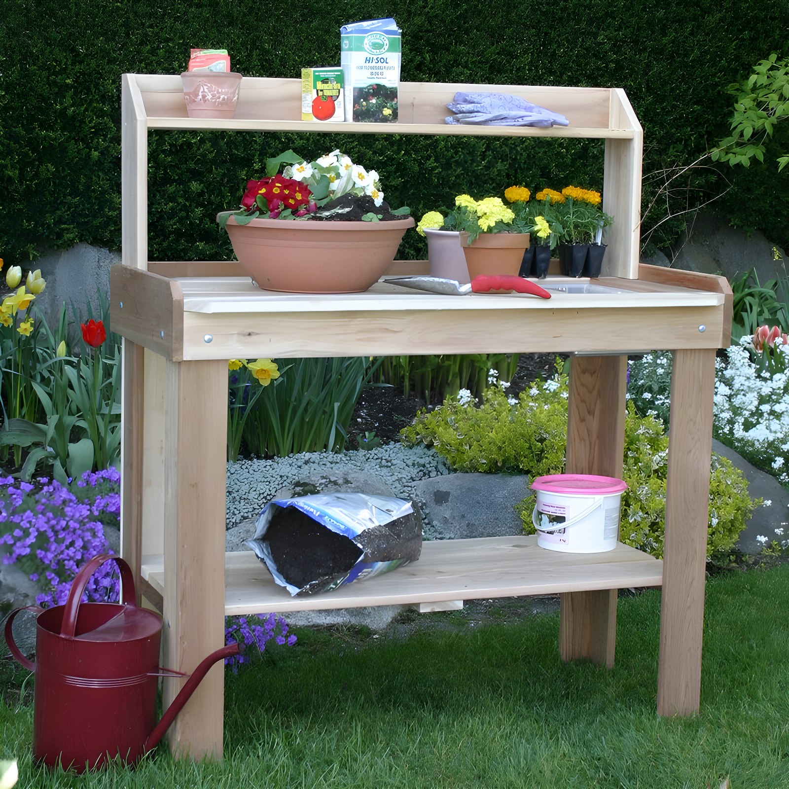 Natural Wood Potting Bench with Sink and Lower Shelf