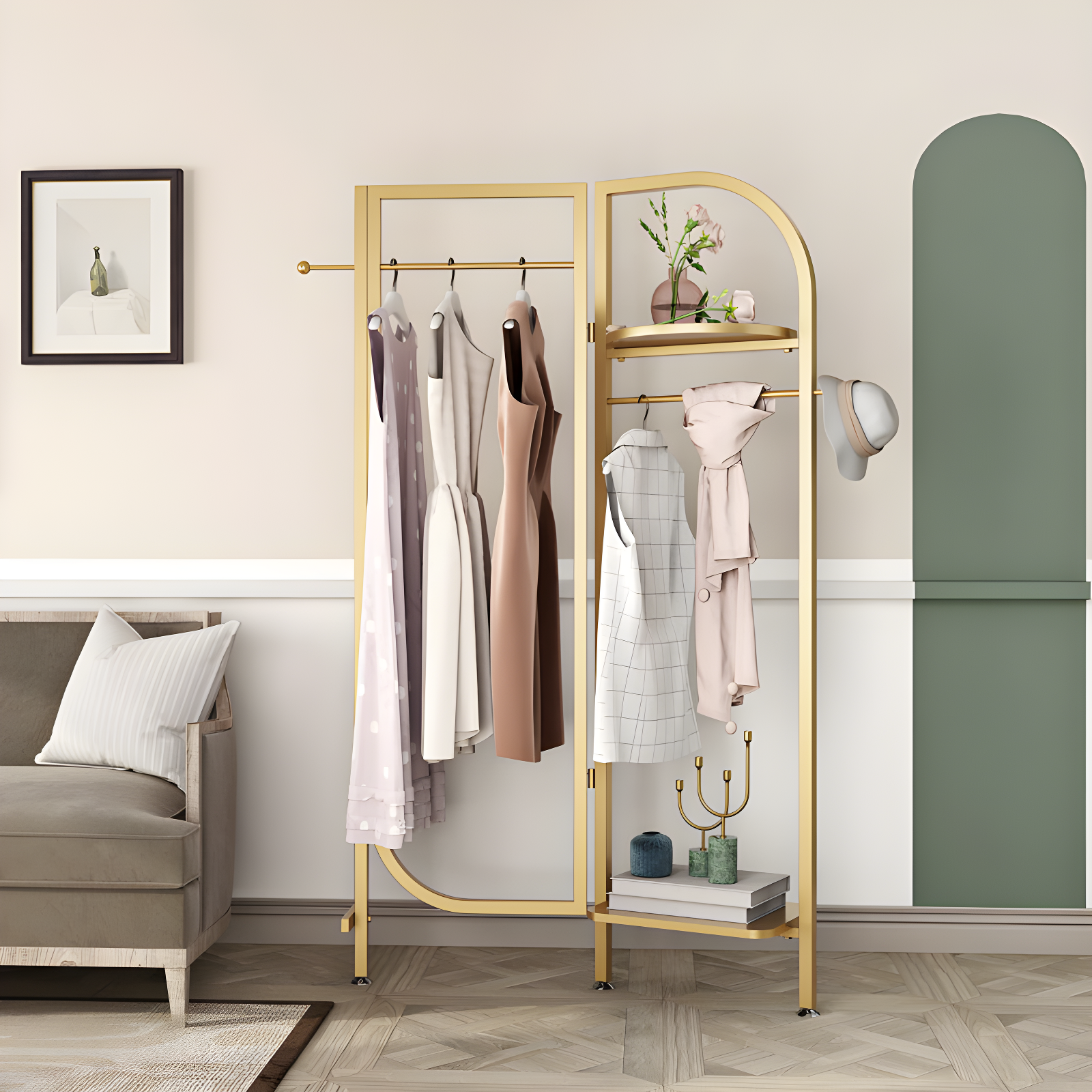 Gold Adjustable Metal Freestanding Corner Coat Rack