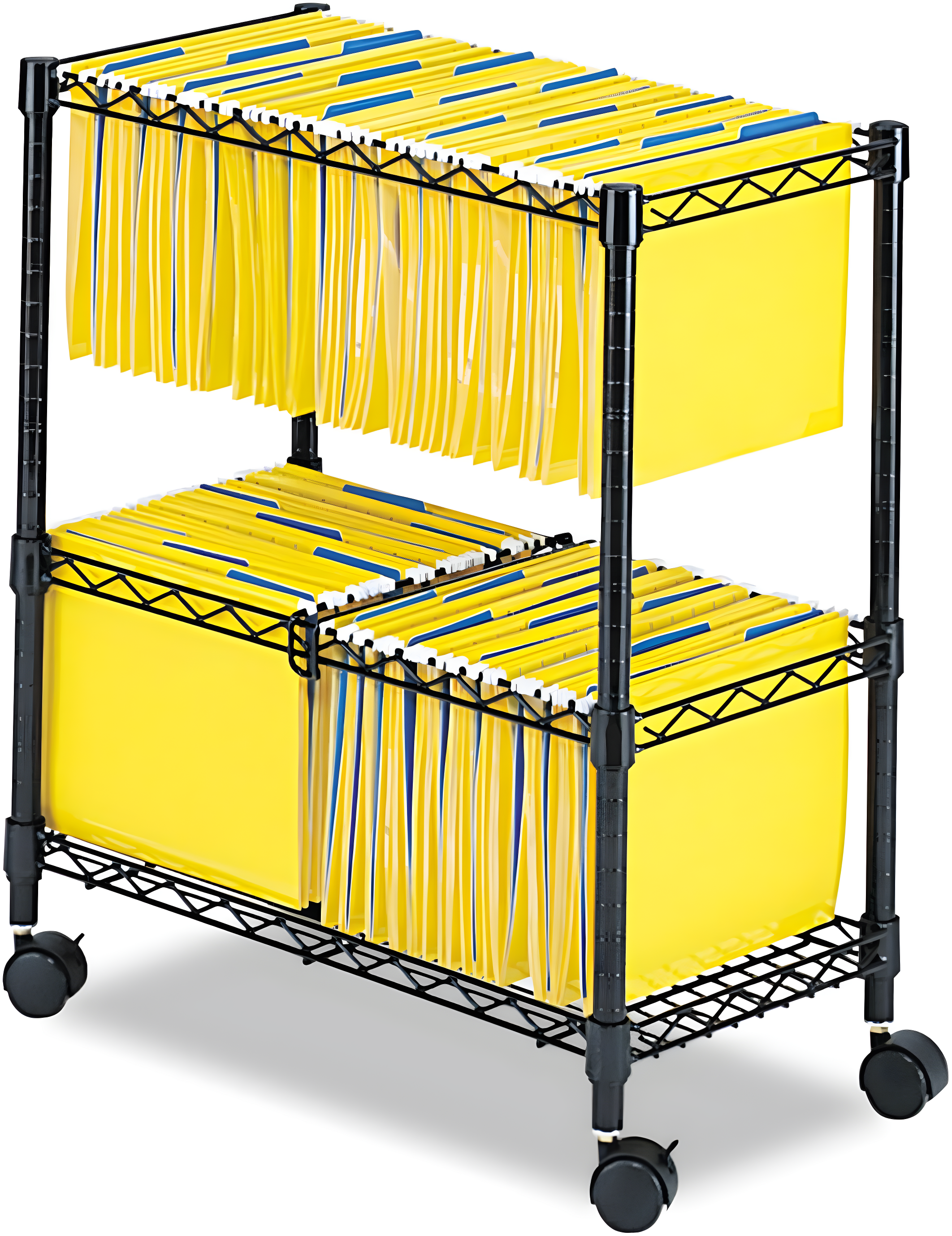 Black Two-Tier Rolling Steel File Cart with Swivel Wheels