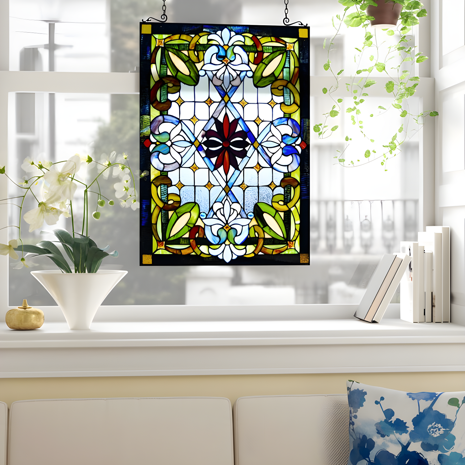 Victorian Handcrafted Stained Glass Window Panel 29" x 20"