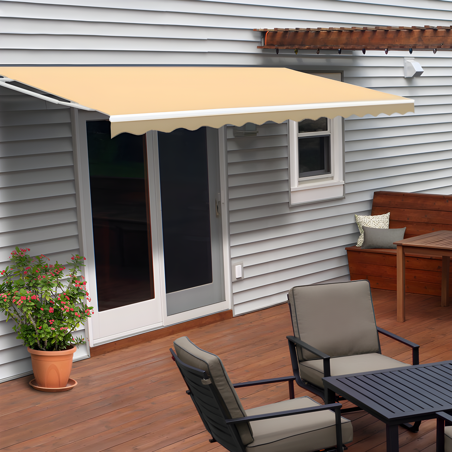 Ivory Motorized Retractable Patio Awning with White Frame