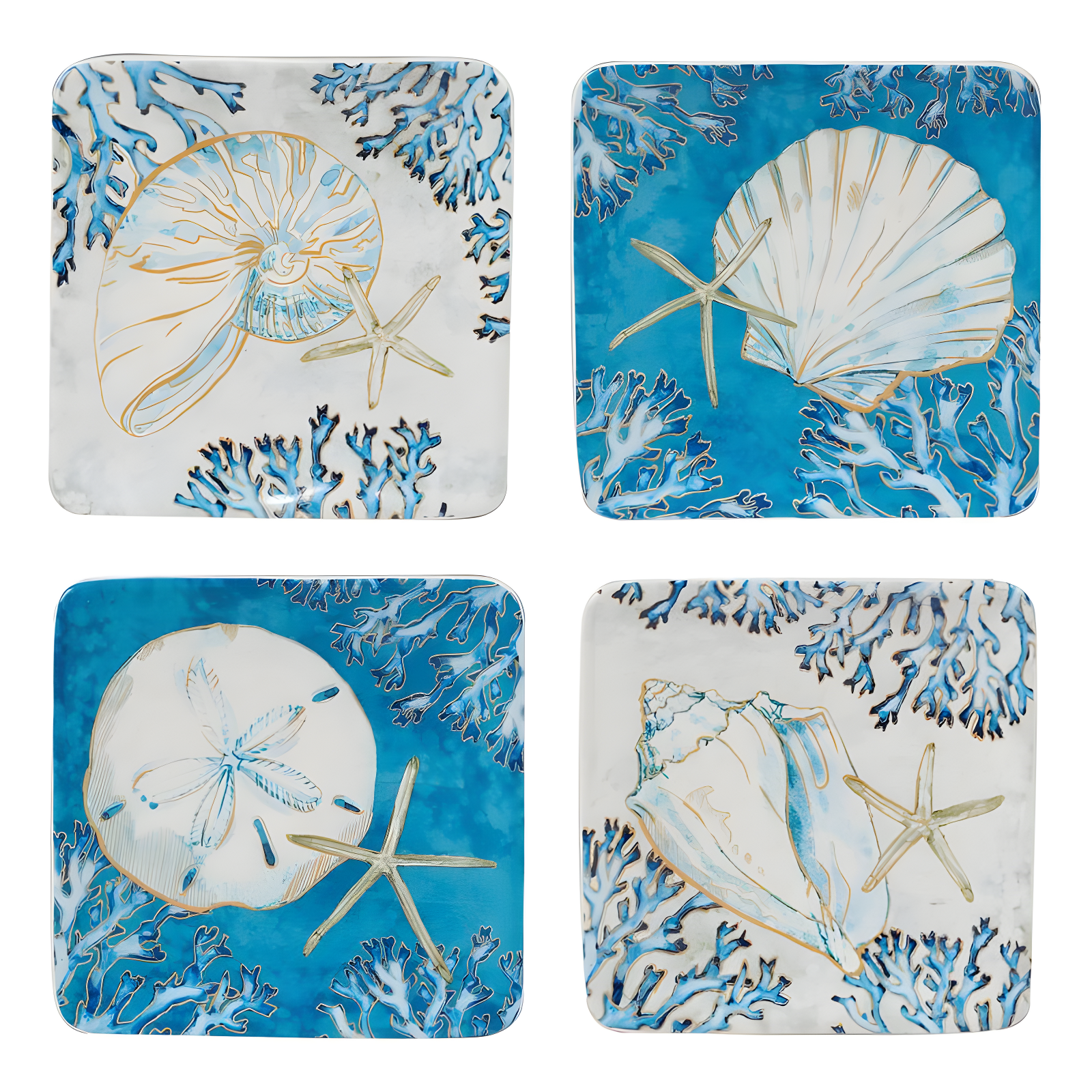 Set of 4 Playa Shells Ceramic Square Canape Plates