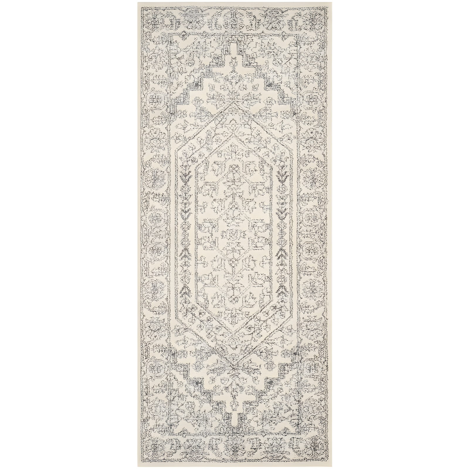 Ivory and Silver Medallion Synthetic Runner Rug