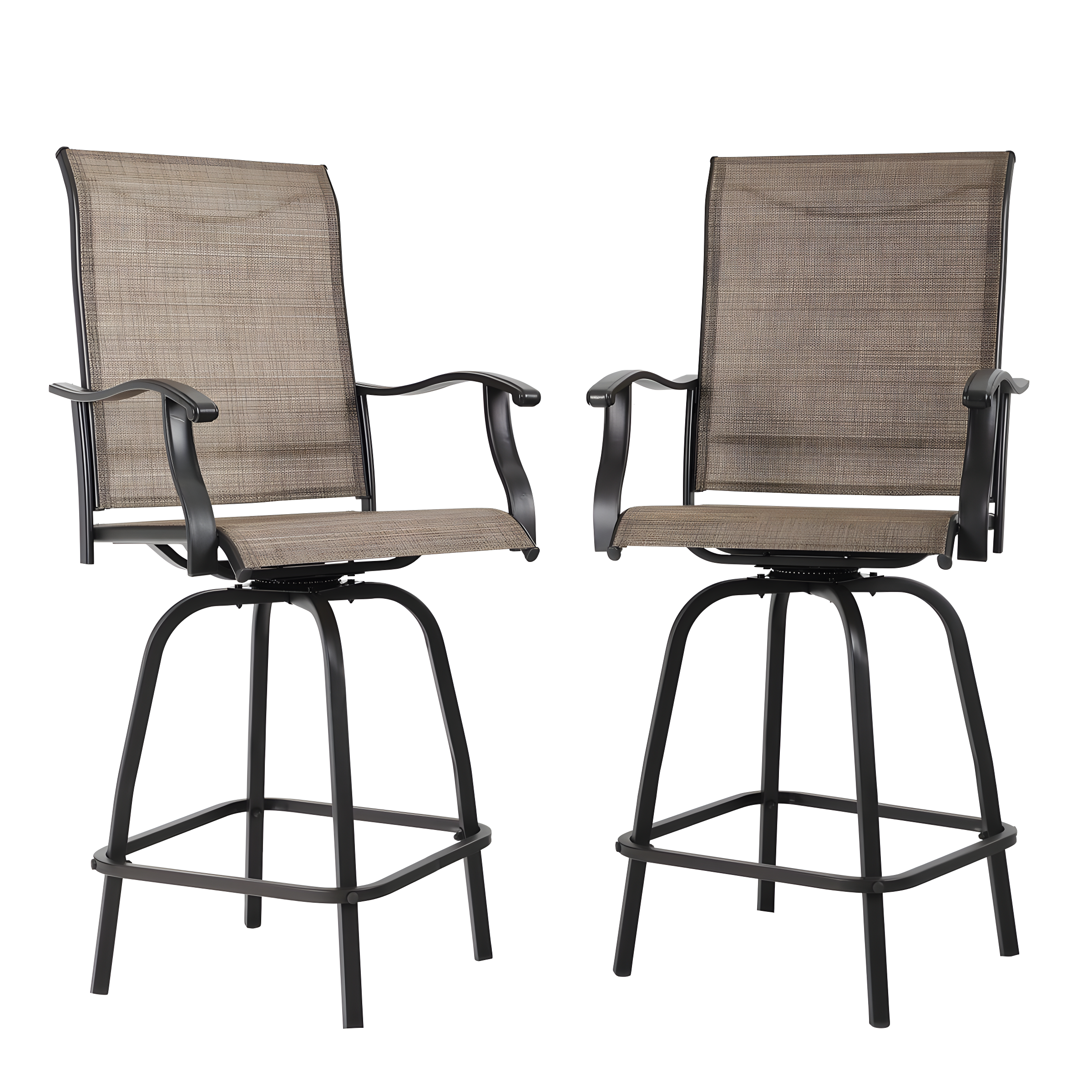 Outdoor Brown Textilene Swivel Bar Stools with Steel Frame, Set of 2