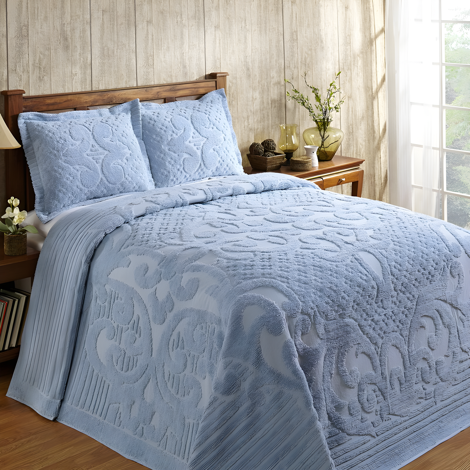 Blue Full Cotton Reversible Textured Medallion Bedspread