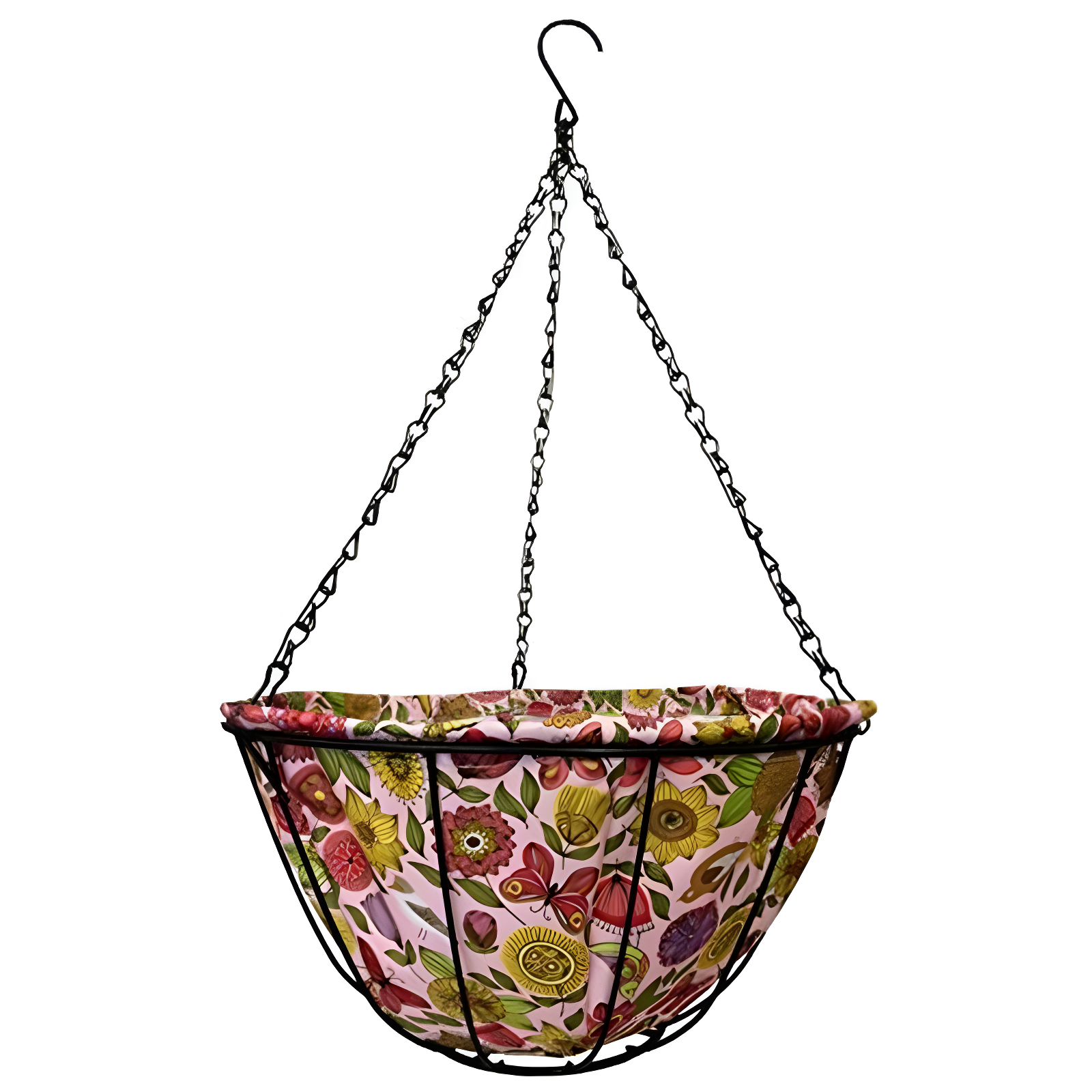 14" Black Metal Hanging Planter with Paisley Fabric Liner