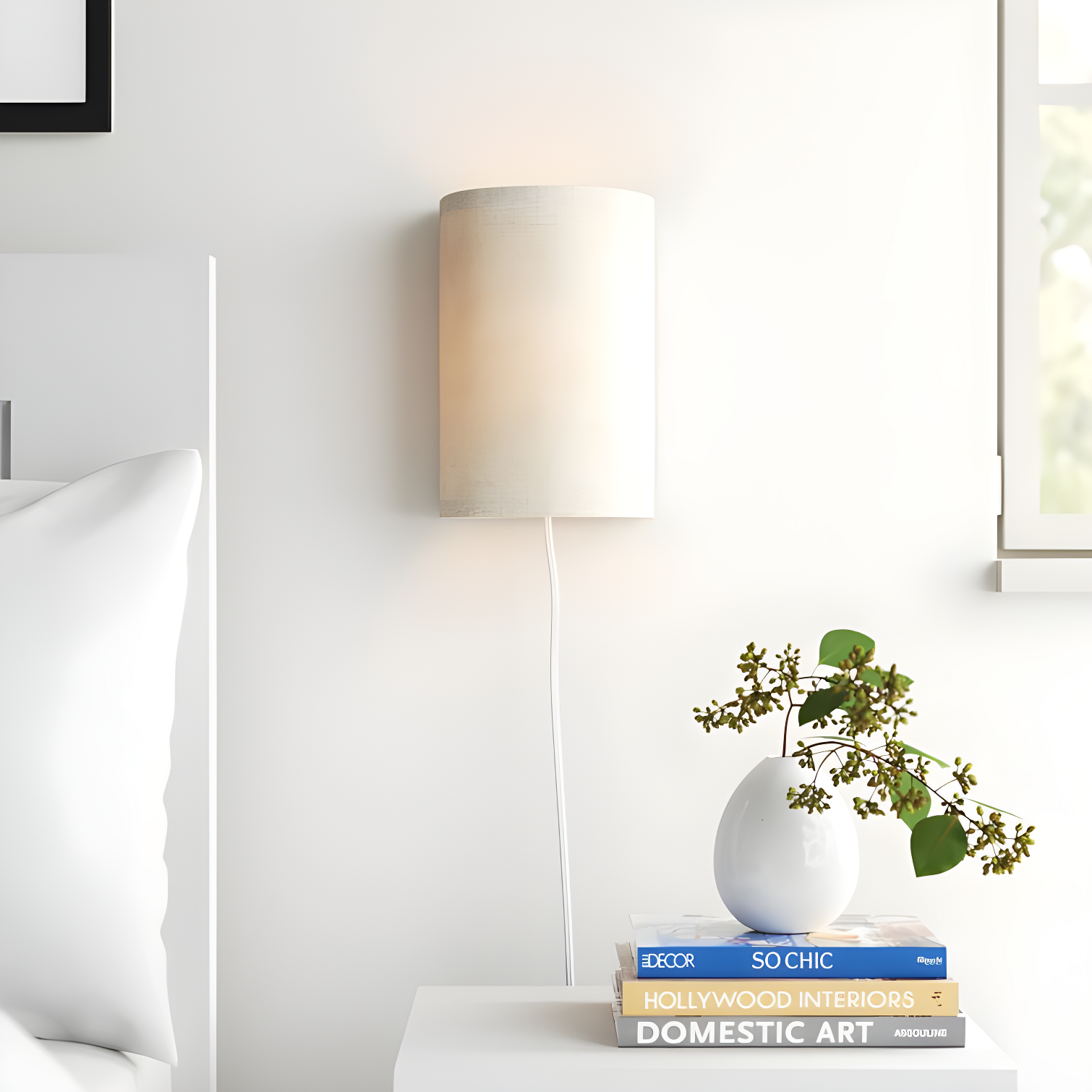 Off-White Fabric Plug-In Wall Sconce with LED Bulb