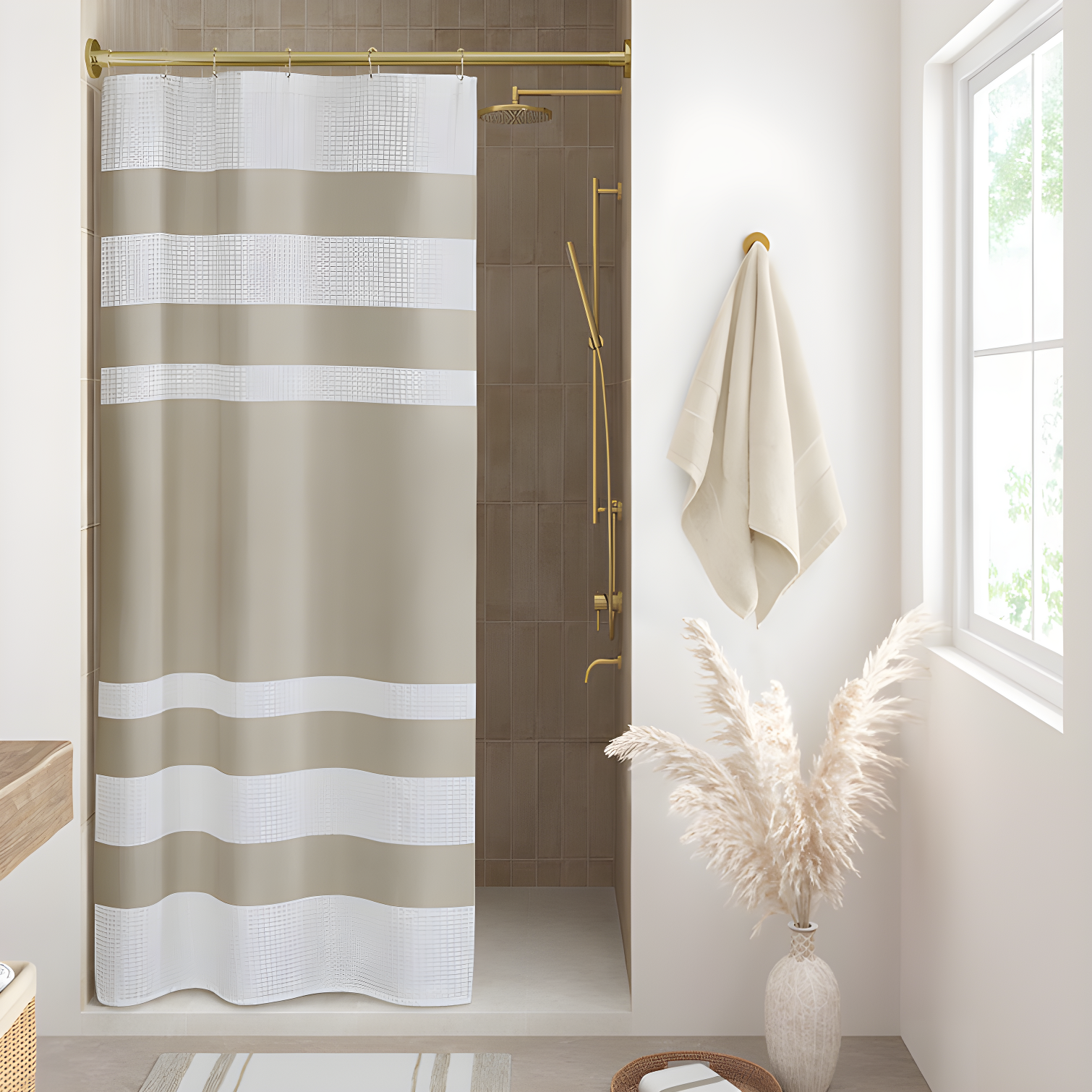 Taupe and White Waffle Weave Striped Shower Curtain