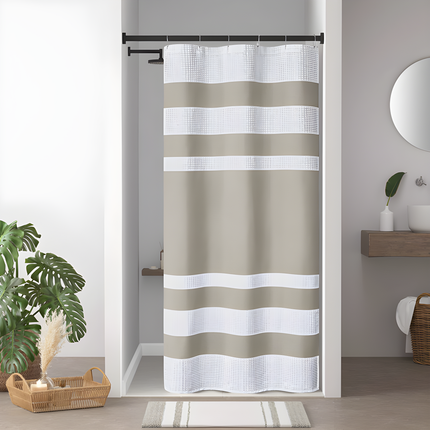 Taupe and White Waffle Weave Striped Shower Curtain