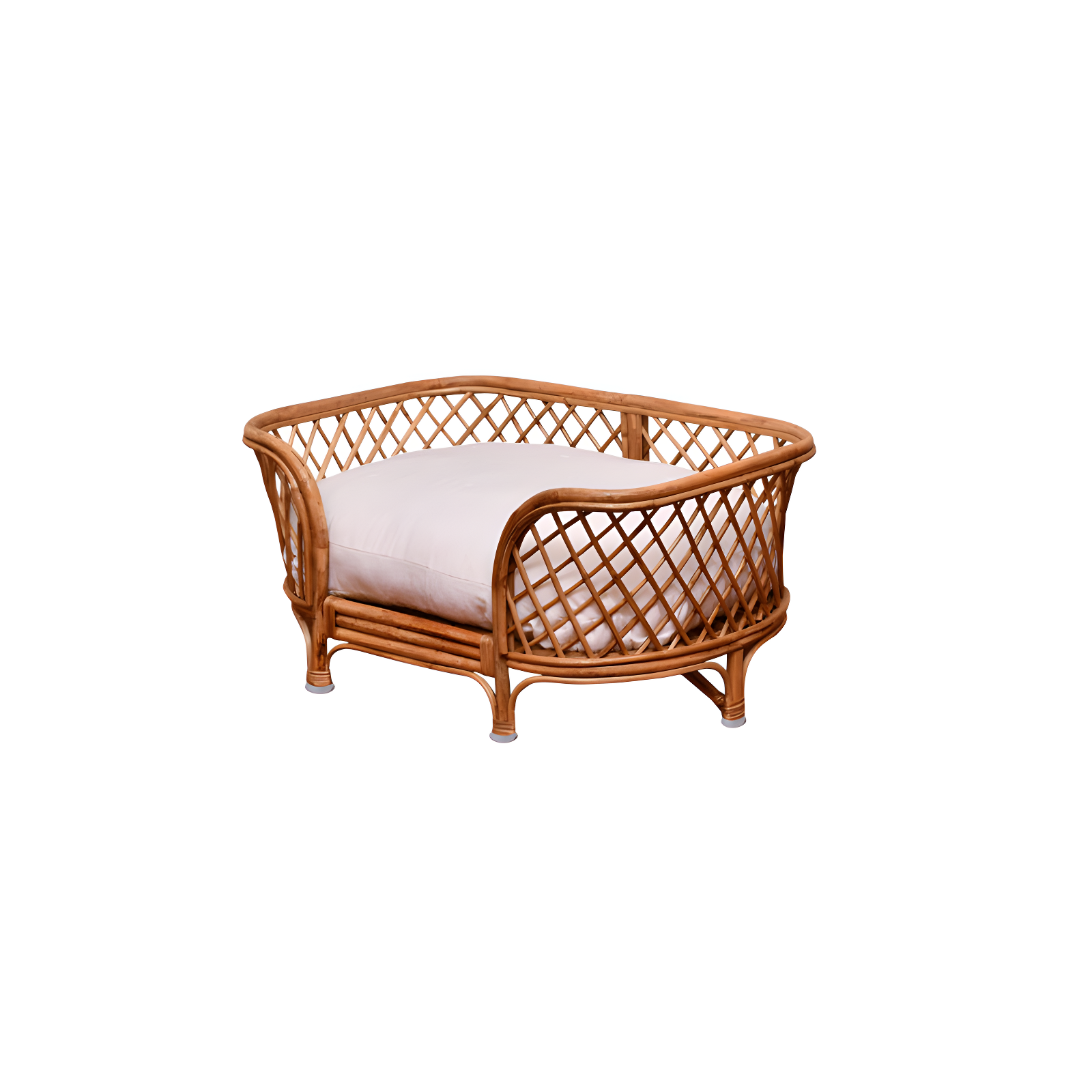 Natural Rattan Pet Bed with Off-White Cushion