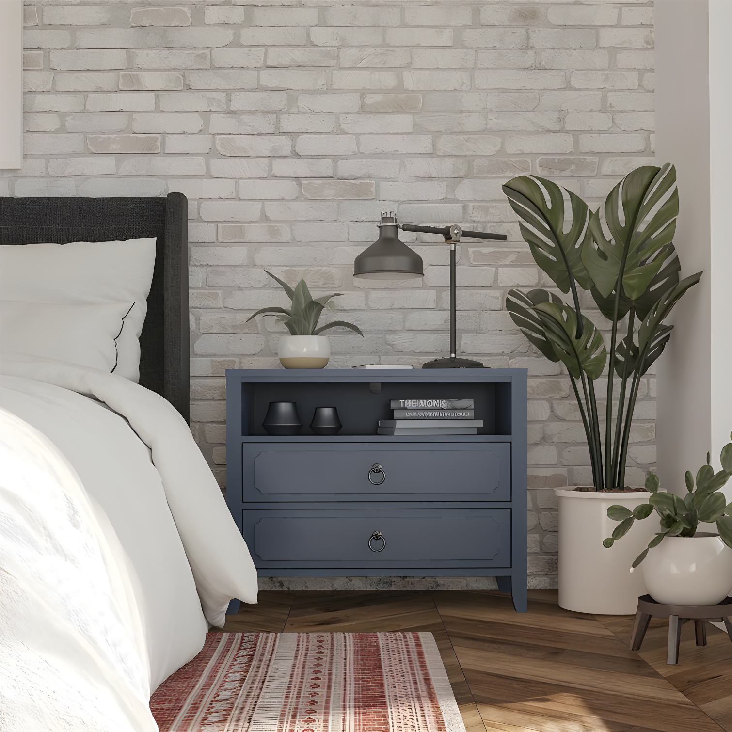 Blue 2-Drawer Nightstand with Open Cubby and Wood Legs