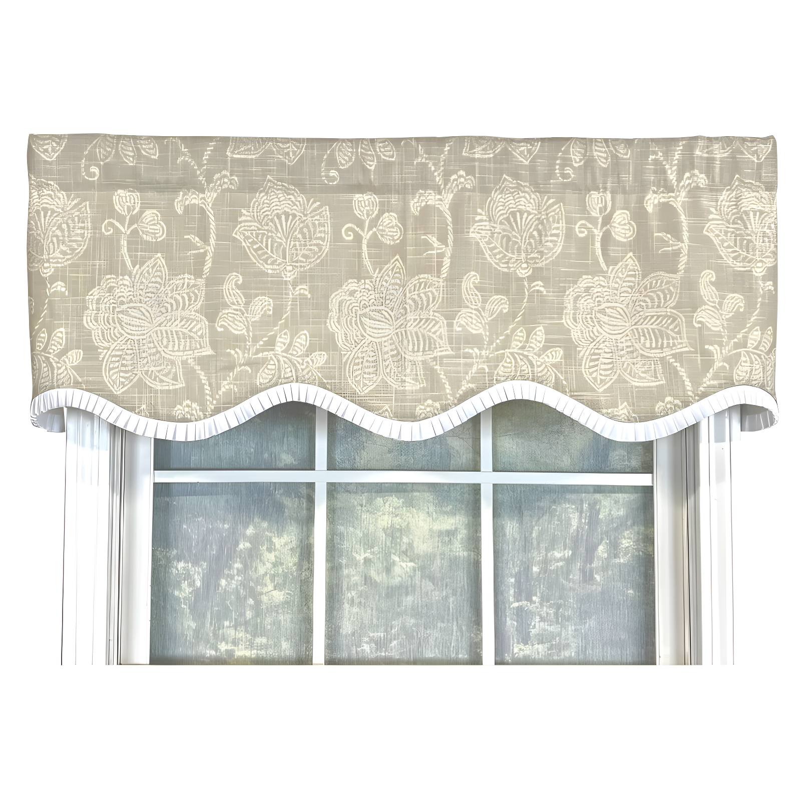 Taupe Floral Cotton Sateen Scalloped Window Valance