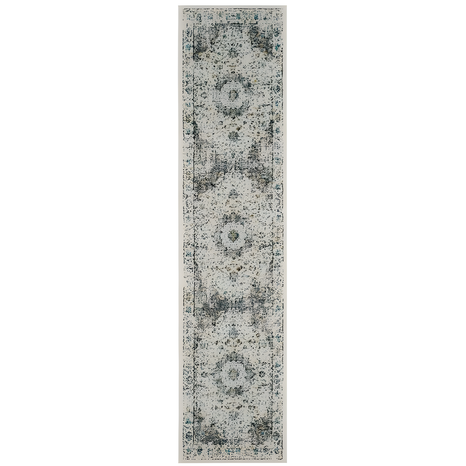 Grey and Gold Floral Motif Synthetic Runner Rug