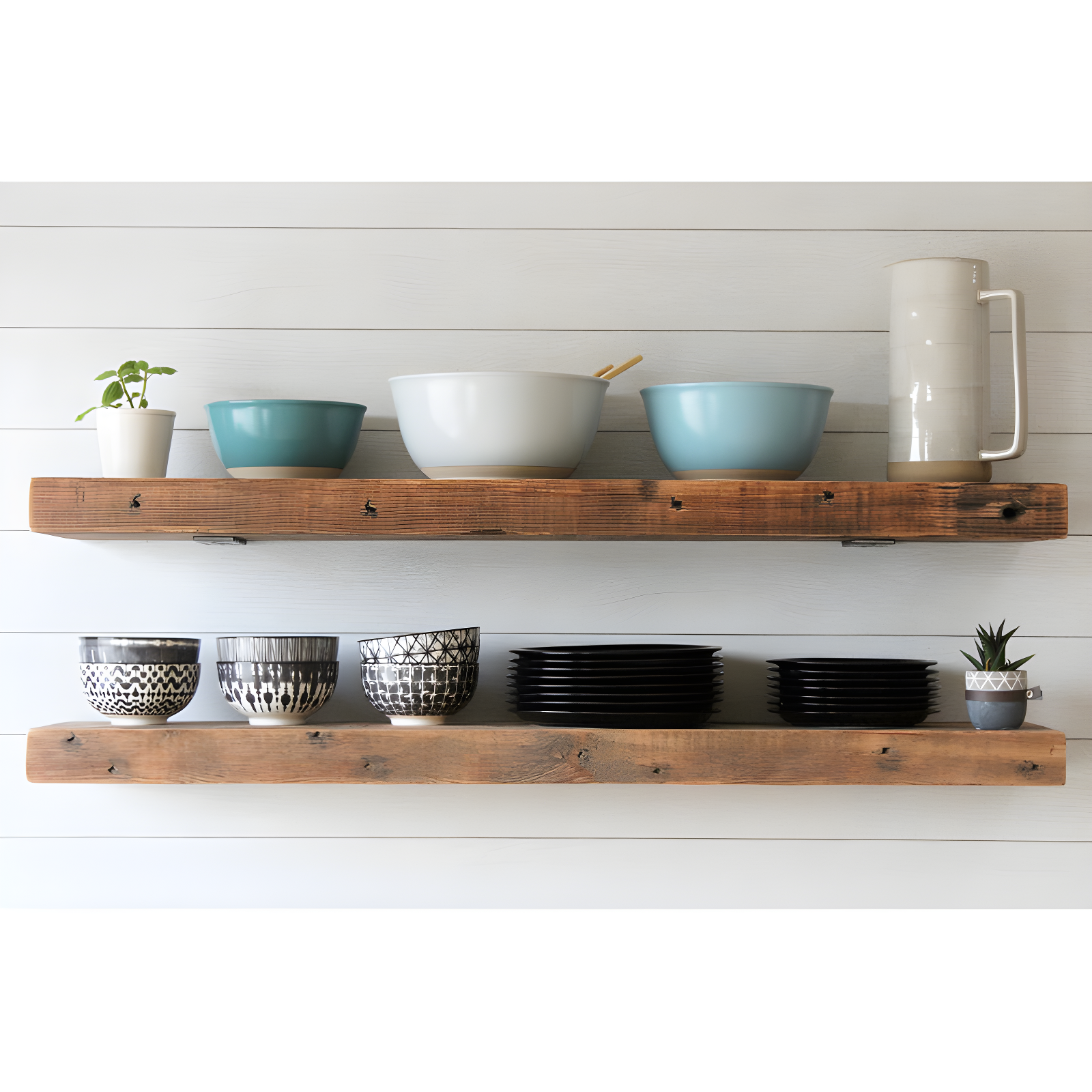 Natural Reclaimed Wood Floating Shelves with Low Profile Brackets, Set of 2