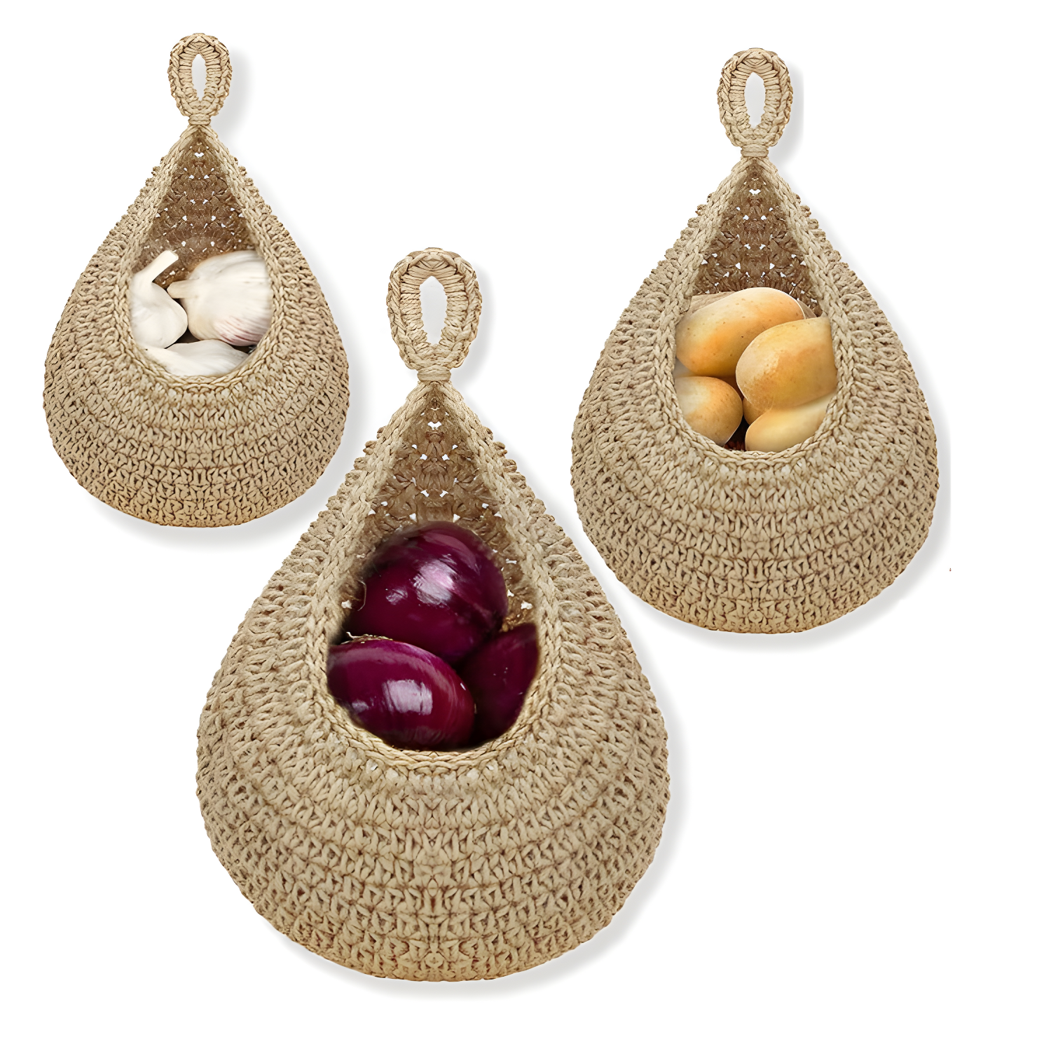 Boho Jute Teardrop Hanging Kitchen Baskets, Set of 3