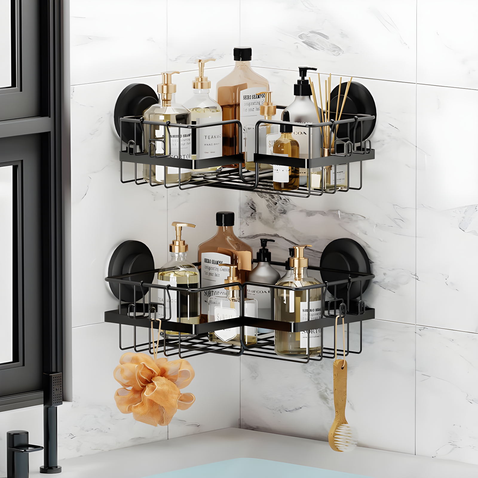 Matte Black Stainless Steel Suction Corner Shower Shelf Set