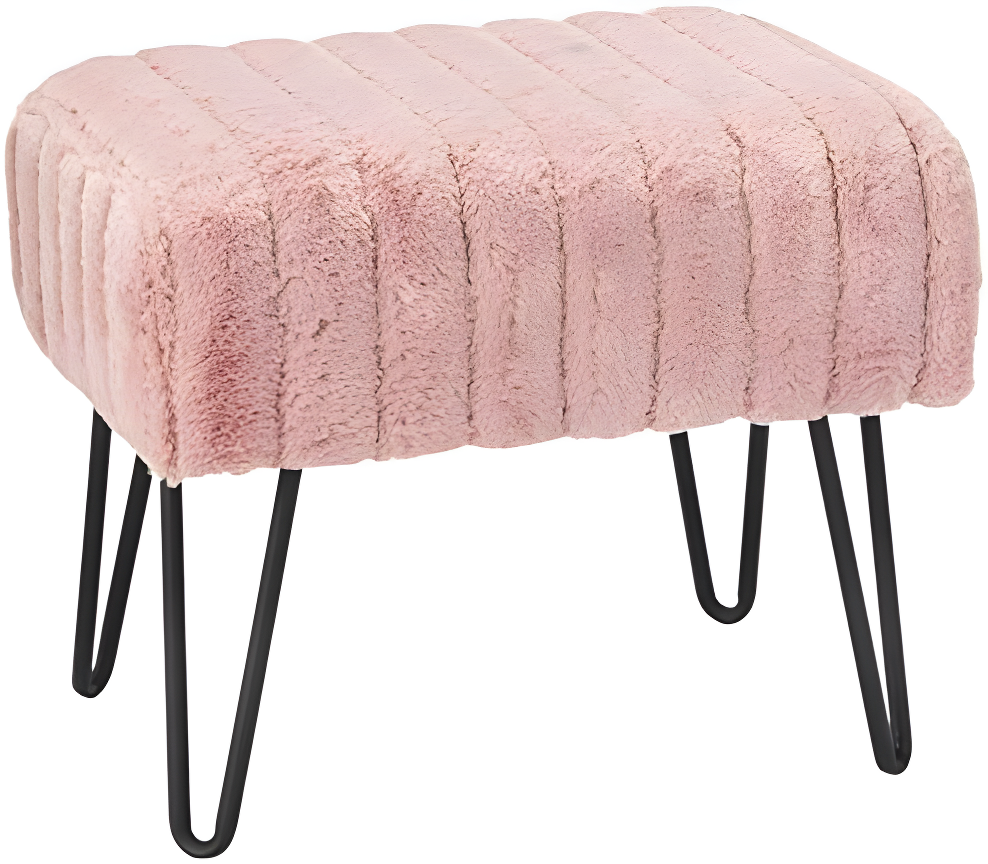 Rose Smoke Faux Fur Upholstered Footstool with Metal Legs