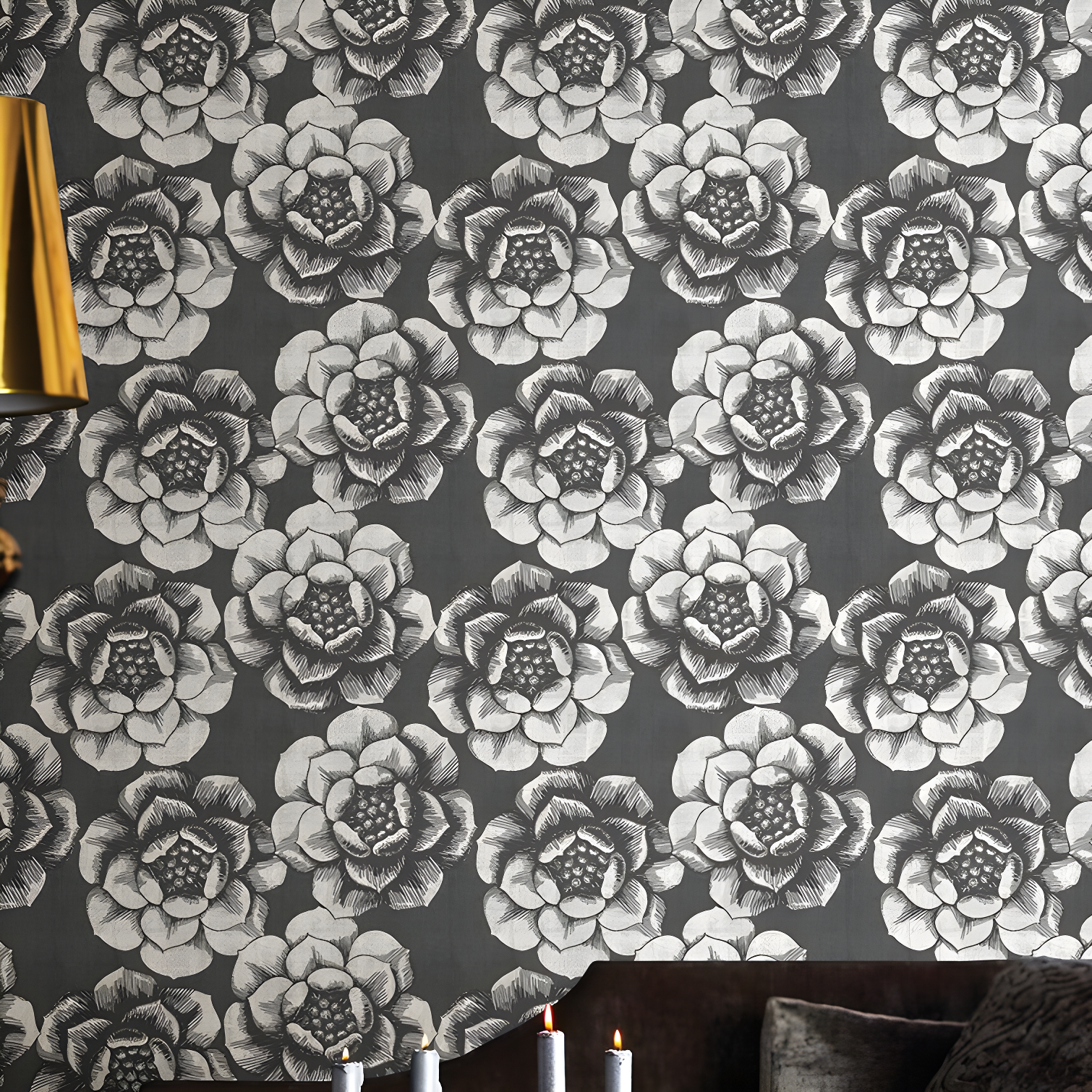 Black and White Floral Non-Pasted Washable Wallpaper