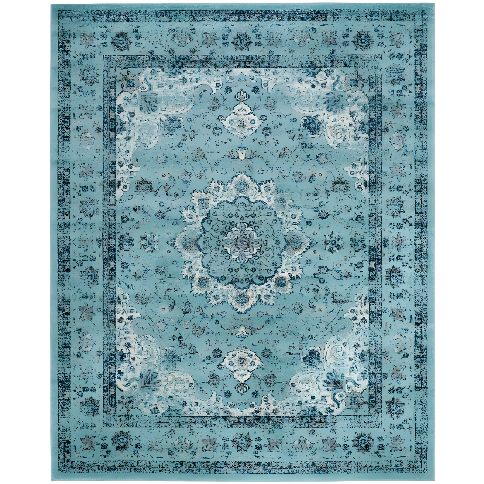 Light Blue Floral High Pile Synthetic Area Rug