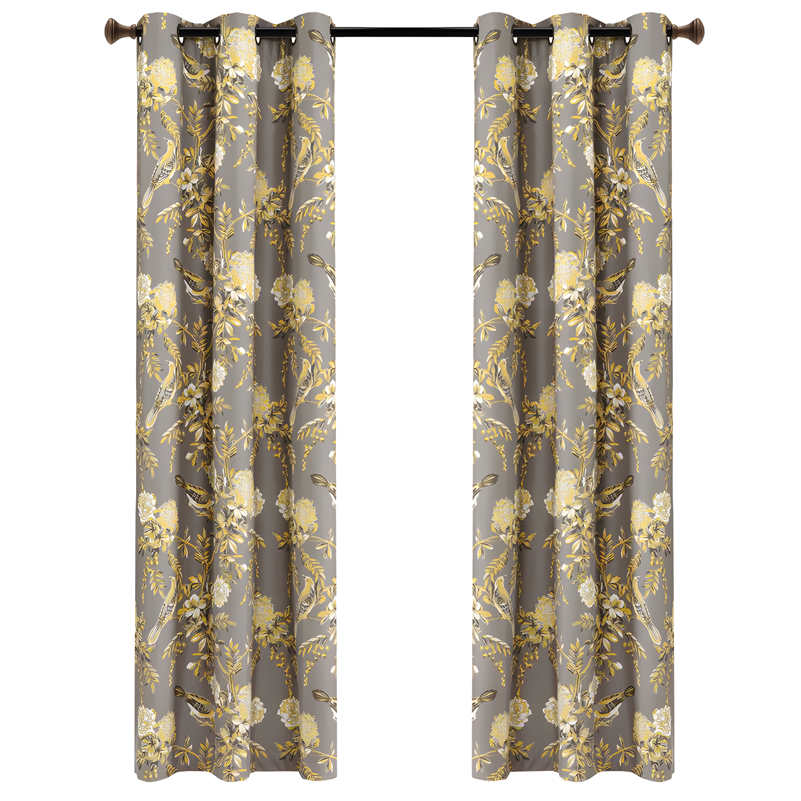 Gray and Yellow Floral Blackout Grommet Curtain Panels for Kids