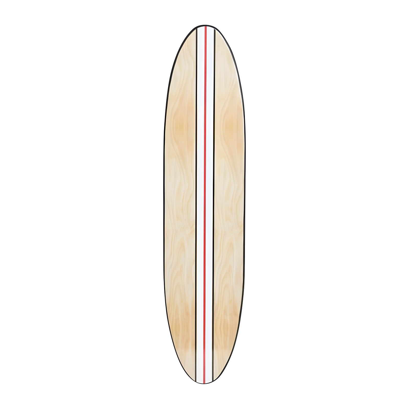 Natural Wood Surfboard Wall Decor with White and Red Stripes