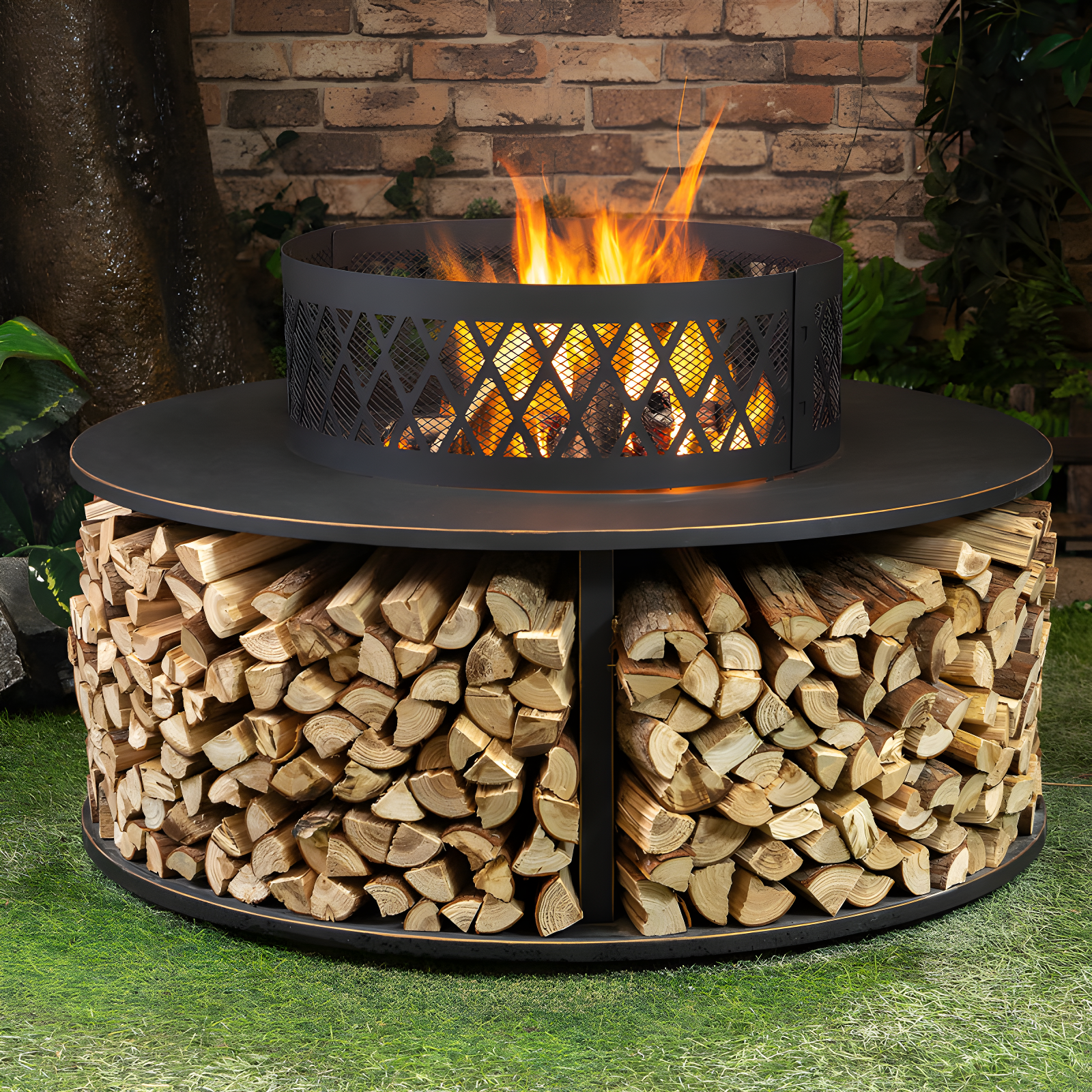 38-Inch Black Steel Wood Burning Fire Pit Table with Log Storage