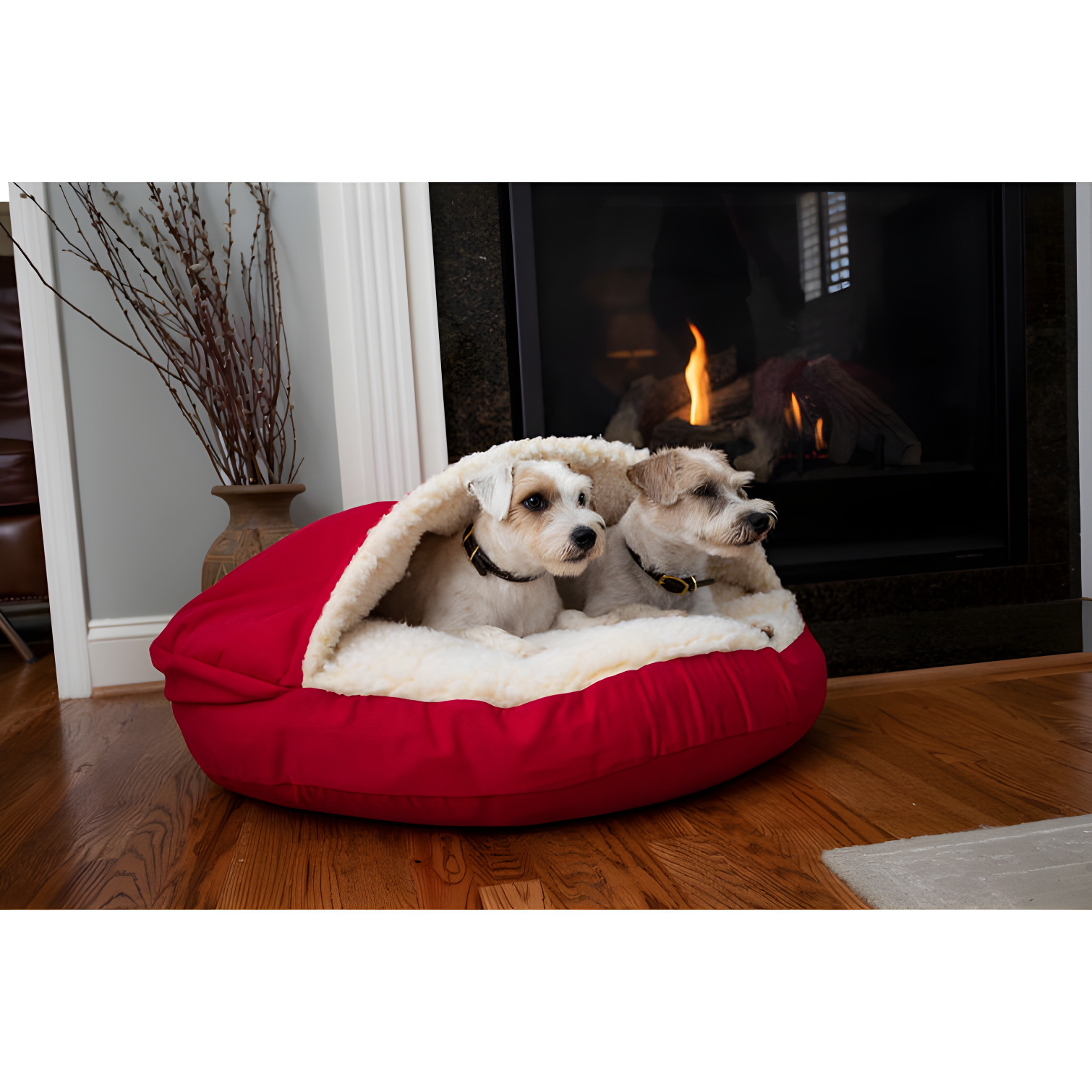 Small Red Hooded Cozy Cave Dog Bed with Sherpa Lining