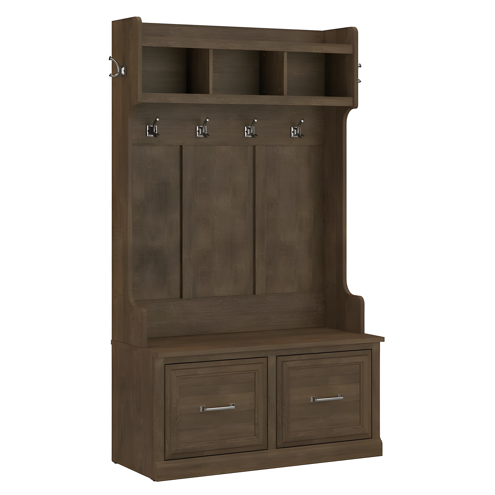 Transitional Ash Brown Hall Tree with Shoe Storage and Euro Hinges