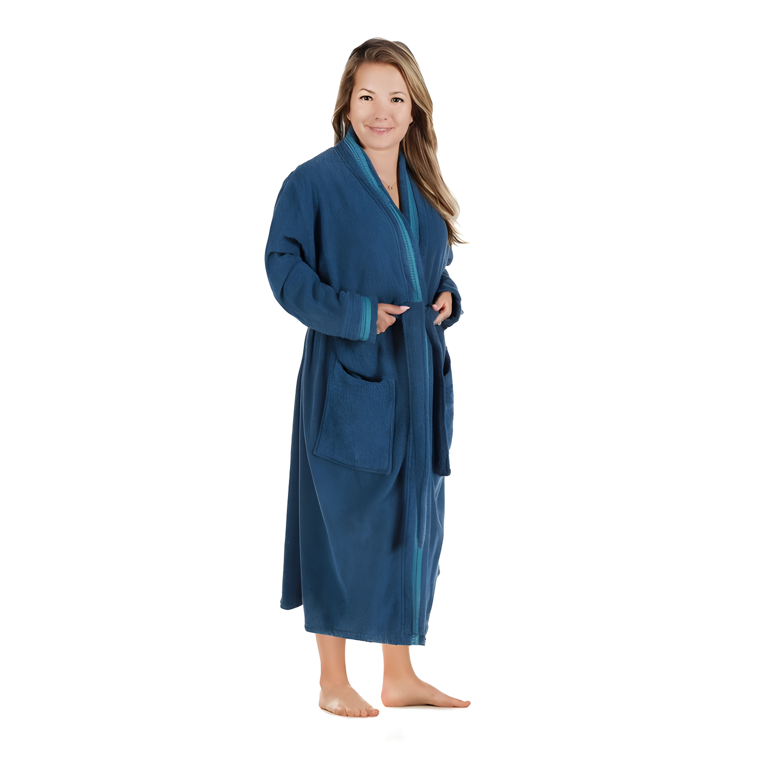 Aqua Blue Cotton Terry Kimono Bathrobe with Embroidery