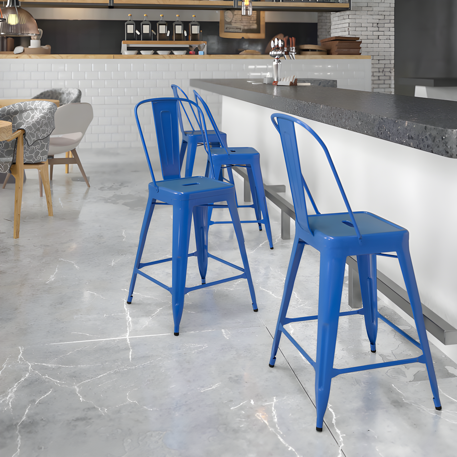 24" High Blue Steel Indoor-Outdoor Counter Stool with Removable Back