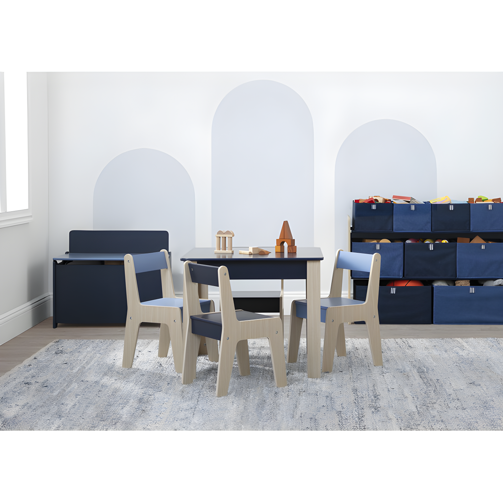 Navy and Natural Wood Kids Play Table and Chair Set