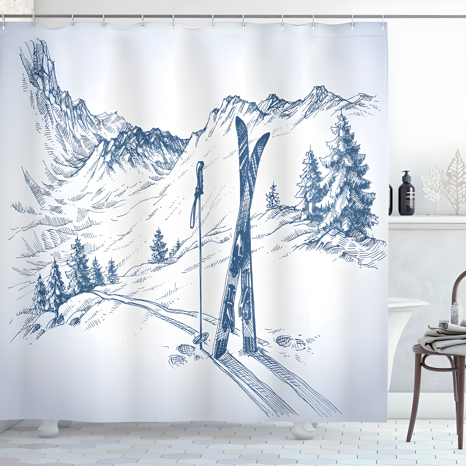 Pale Blue and White Ski Scene Fabric Shower Curtain