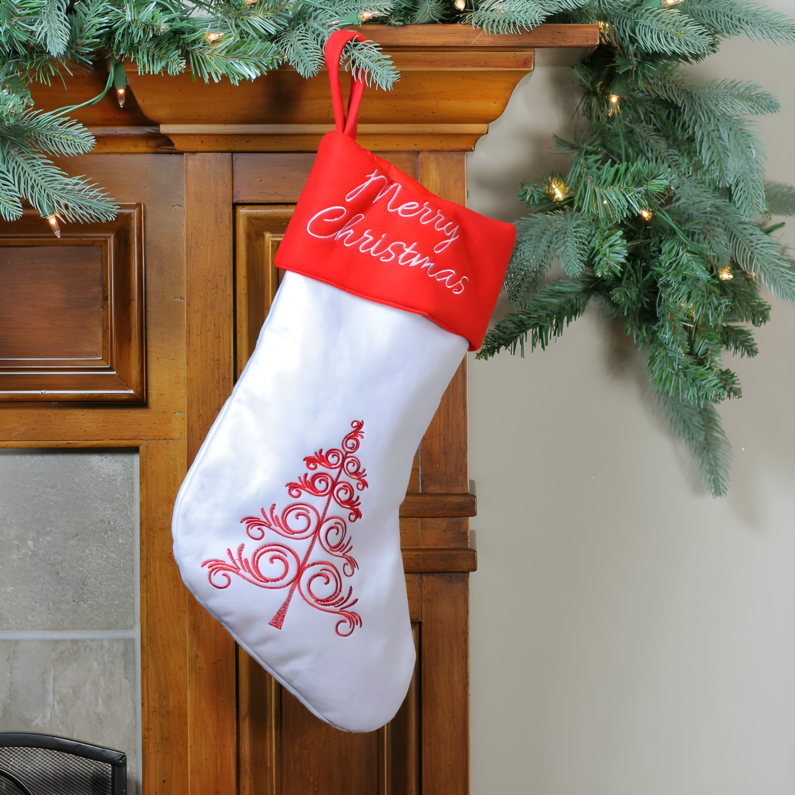 15.5" White and Red Merry Christmas Stocking with Embroidered Tree