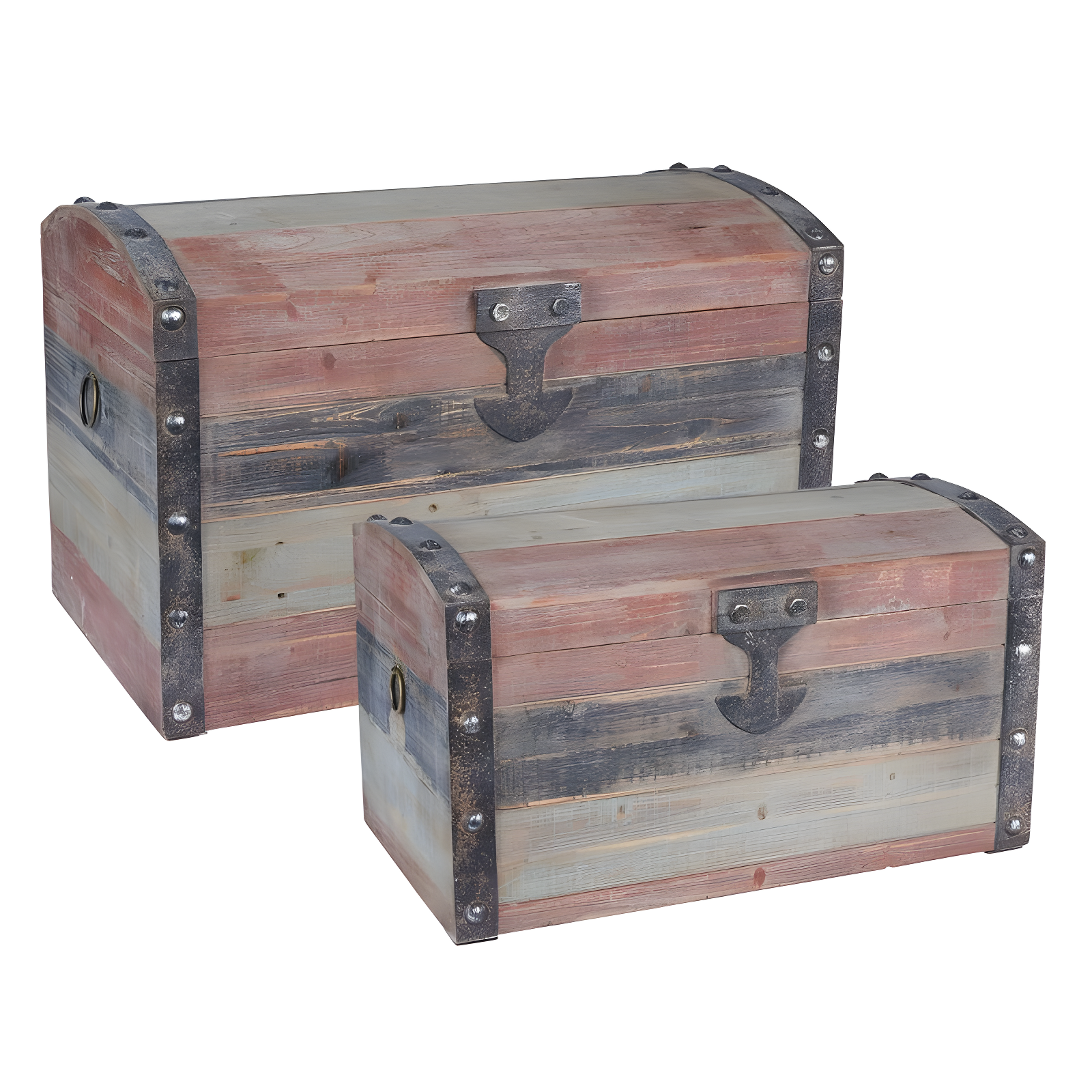 Weathered Multicolor Wooden Storage Trunk Set with Metal Accents