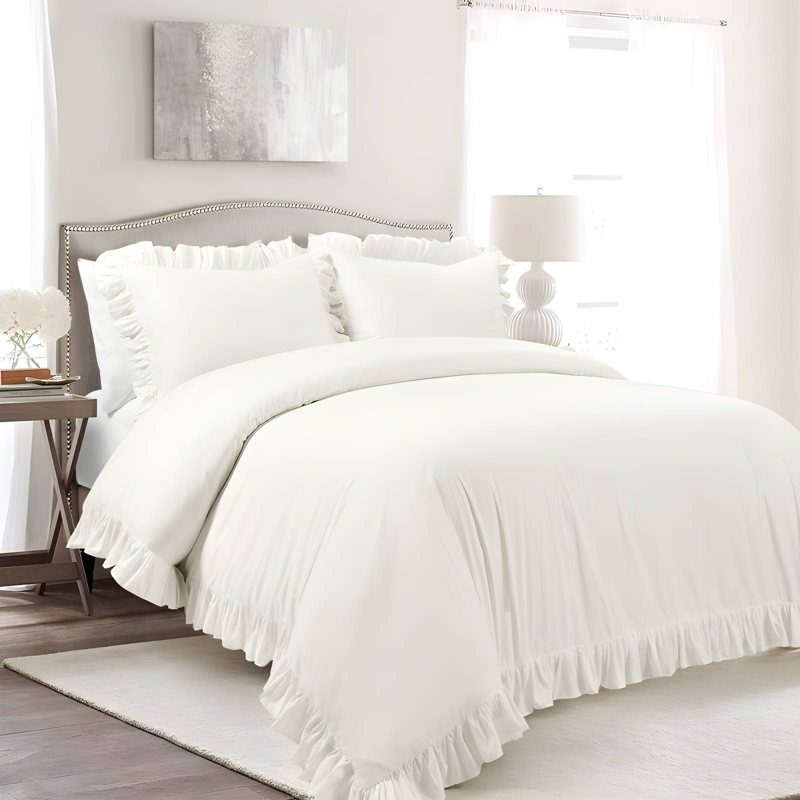 Reyna Off-White Cotton Ruffled King Duvet Cover Set