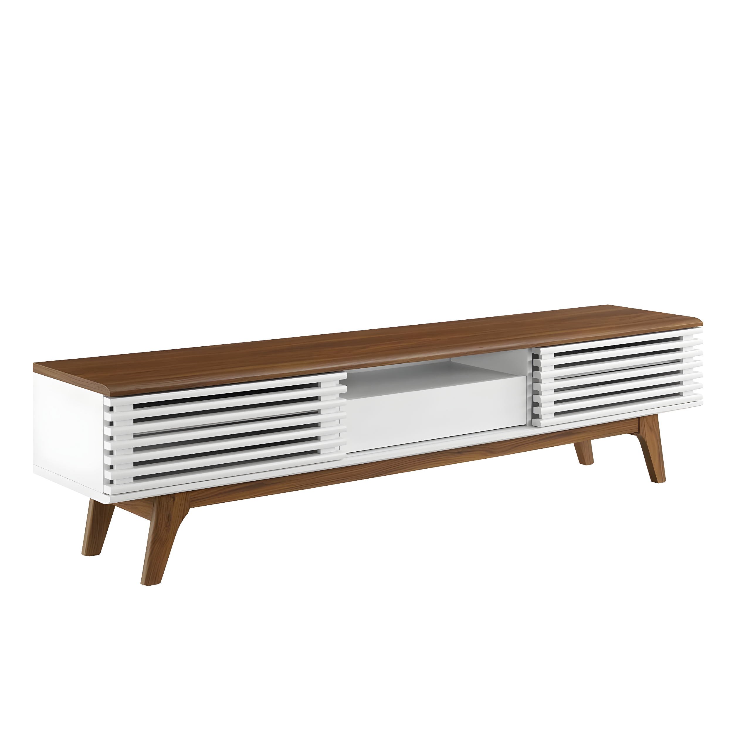 Walnut White 70" Mid-Century Modern TV Stand with Cabinet