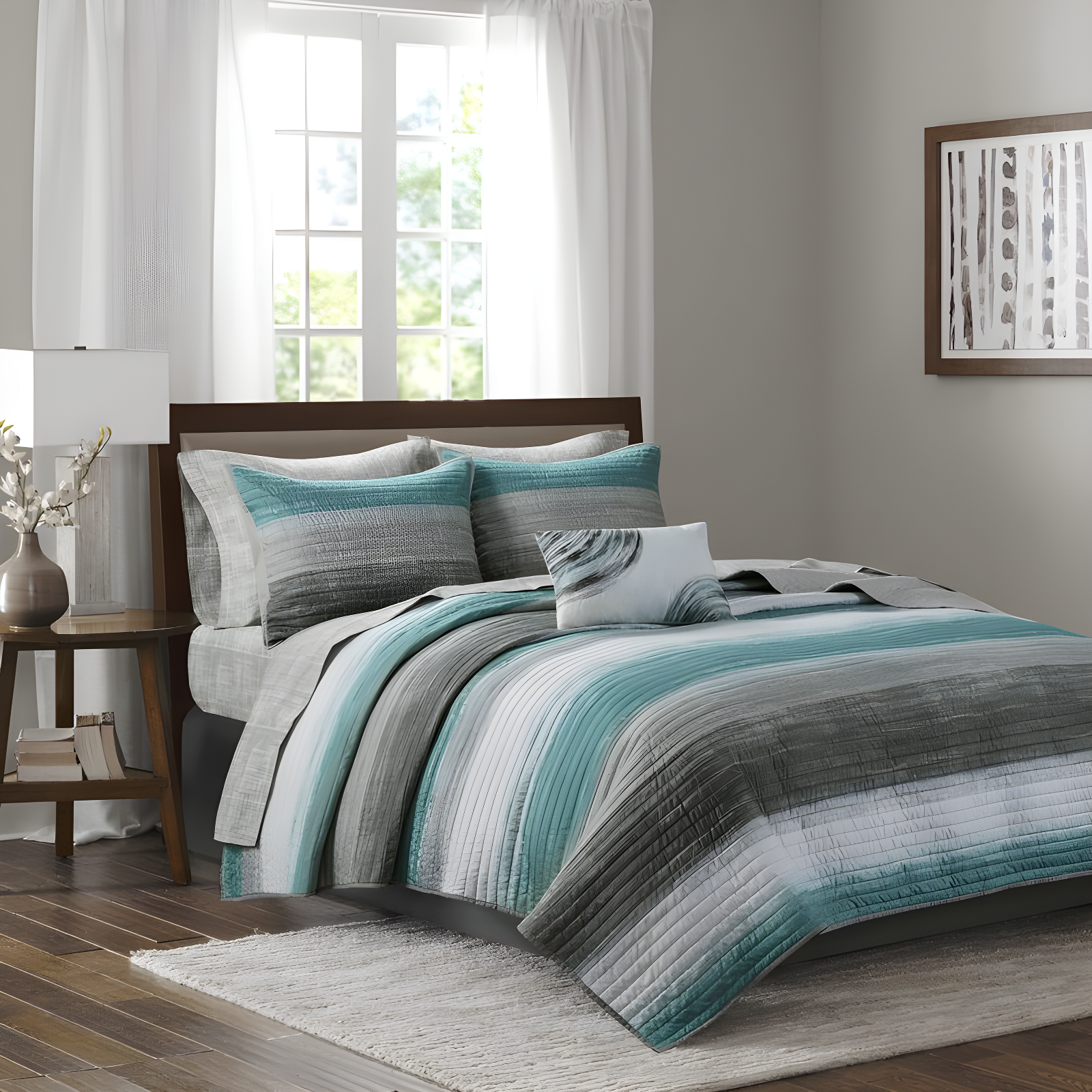 Aqua and Gray King Reversible Microfiber Quilt Set