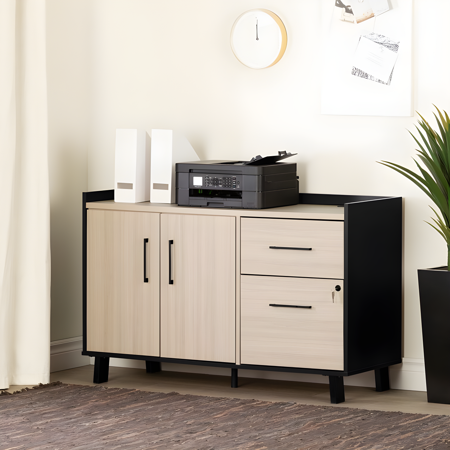 Soft Elm and Matte Black 2-Drawer Lockable Filing Credenza