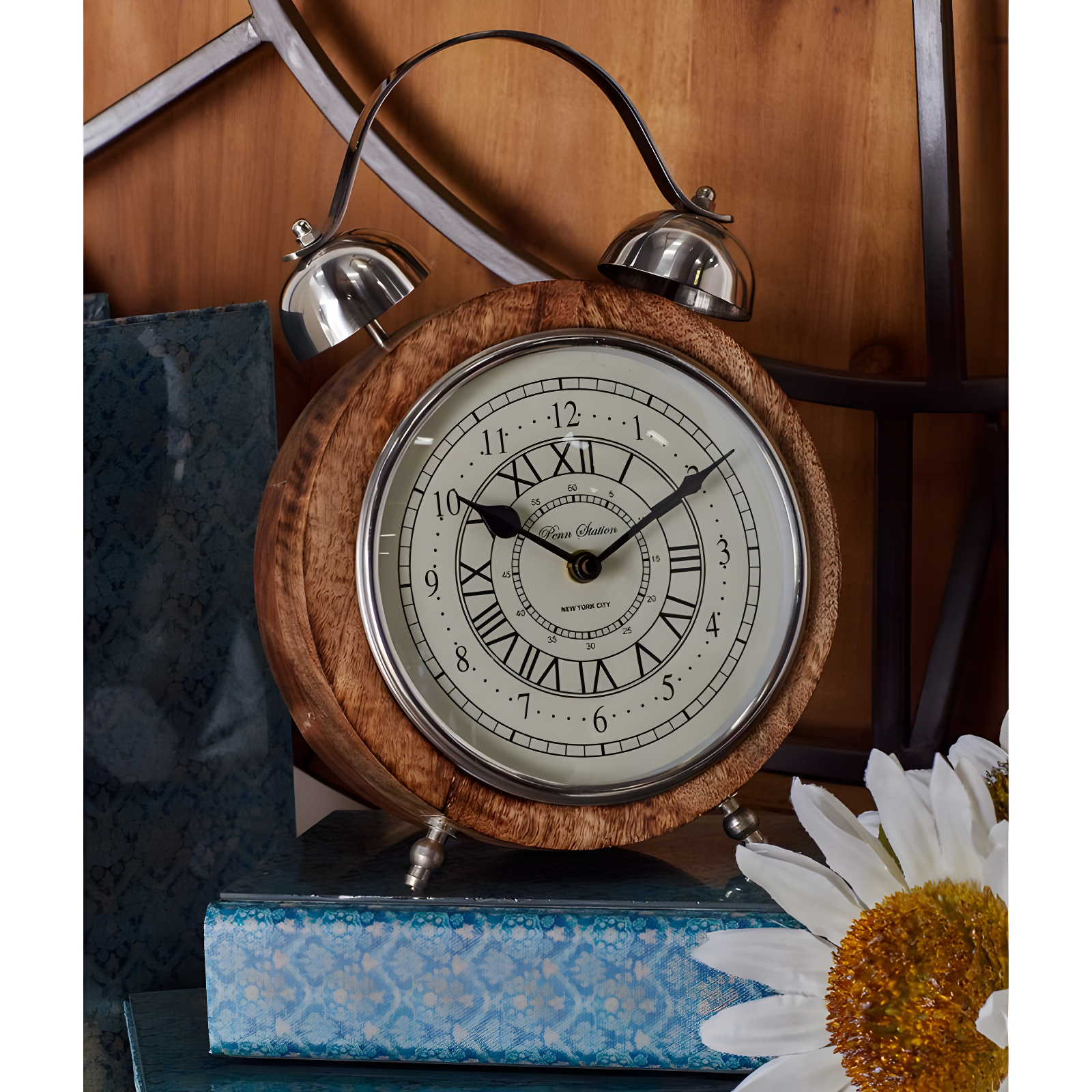 10" Brown Mango Wood Clock with Metal Accents