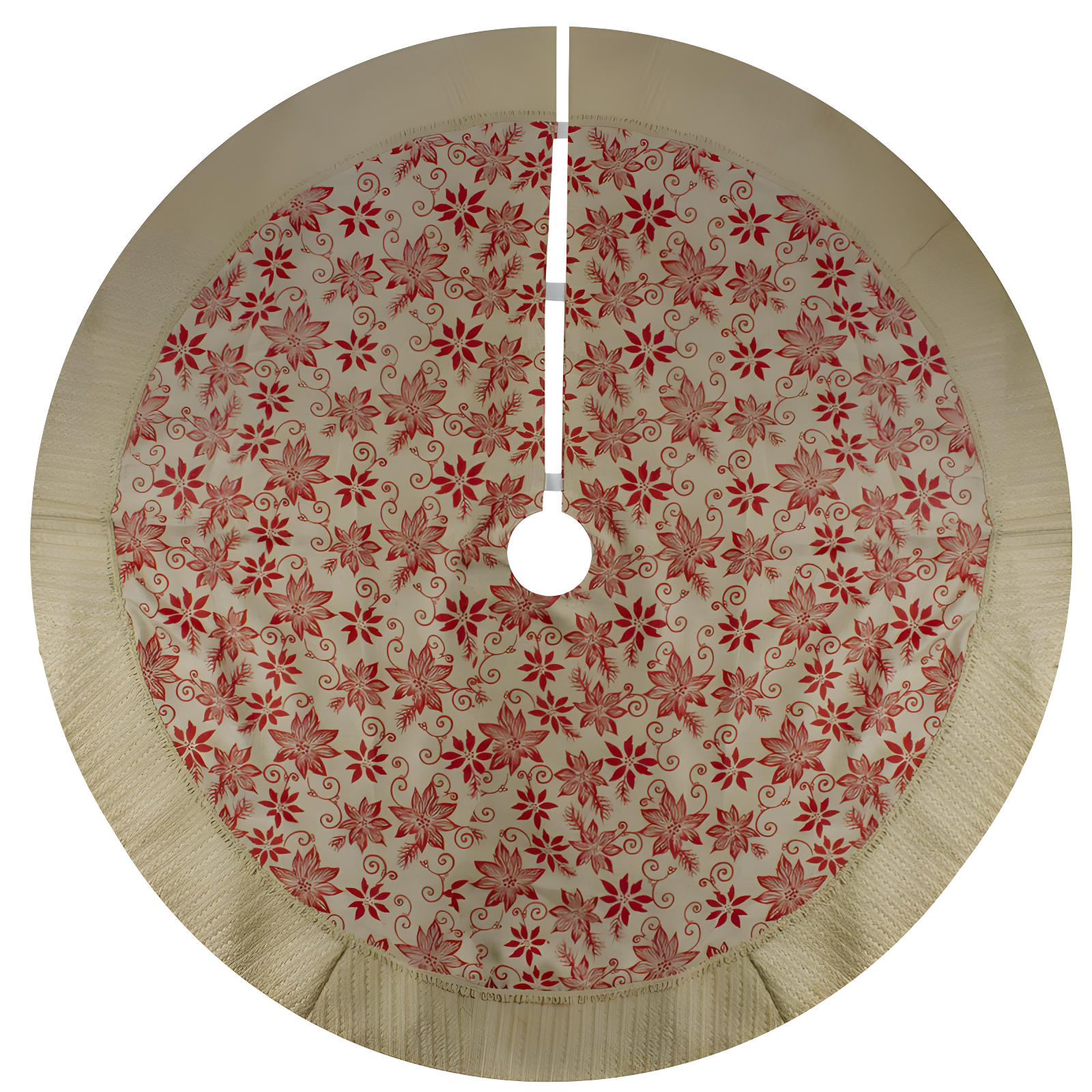 48" Tan and Red Burlap Poinsettia Christmas Tree Skirt