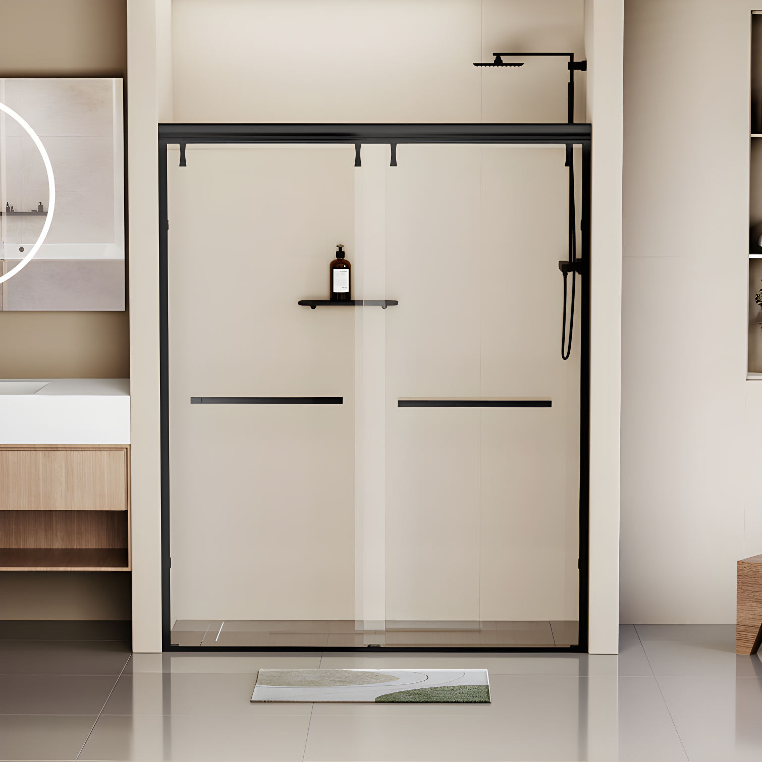 Matte Black Aluminum Double Sliding Shower Door with Clear Tempered Glass