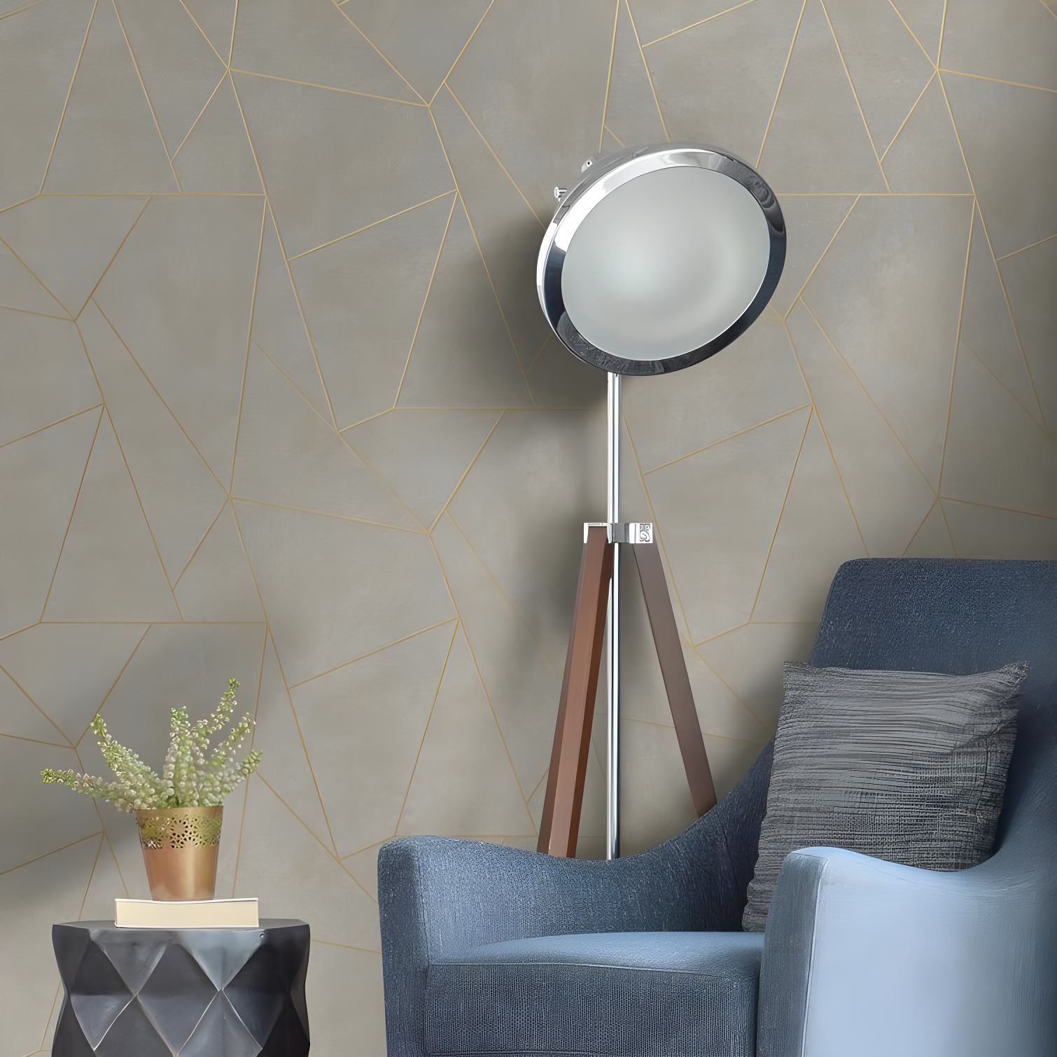 Neutral and Gold Geometric Non-Pasted Washable Wallpaper