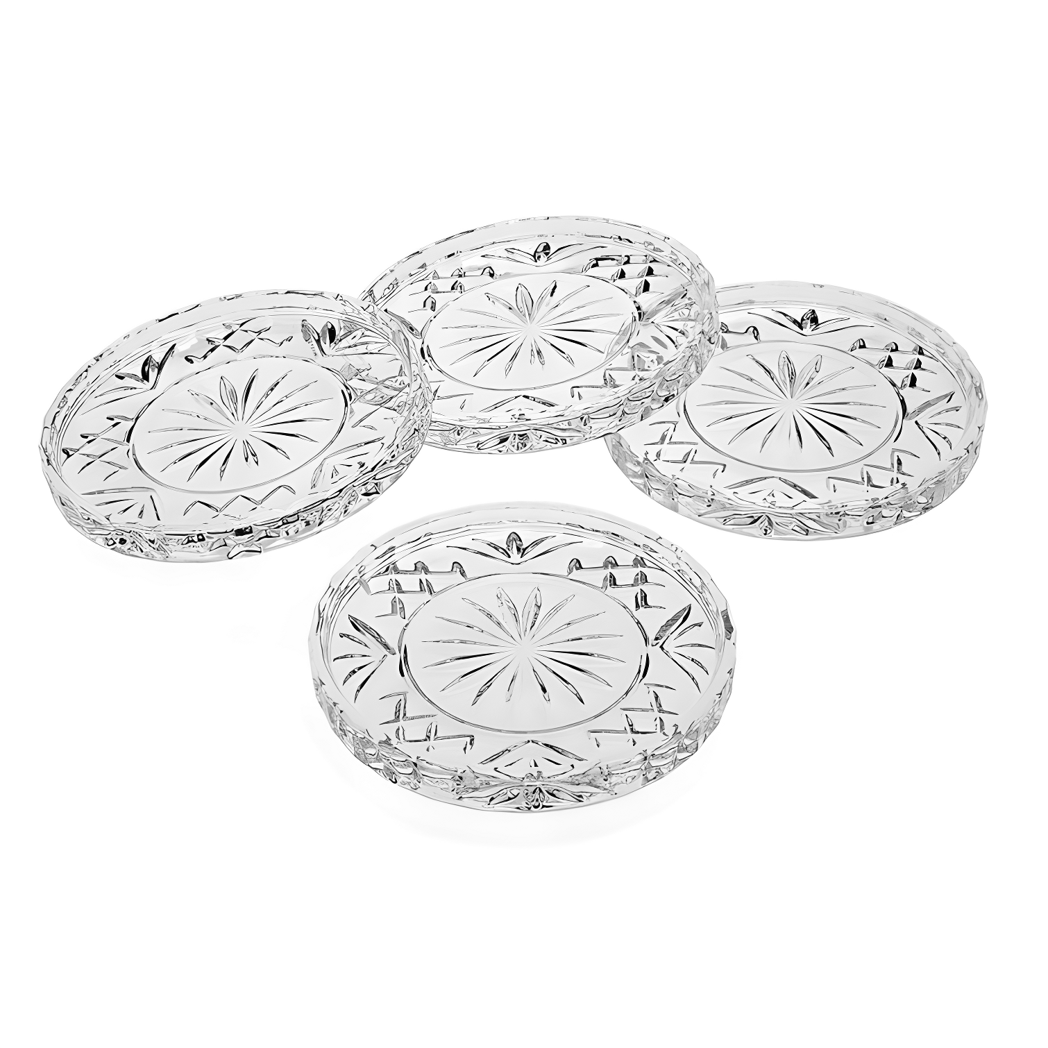 Clear Crystal Cut Glass Circular Beverage Coaster Set of Four