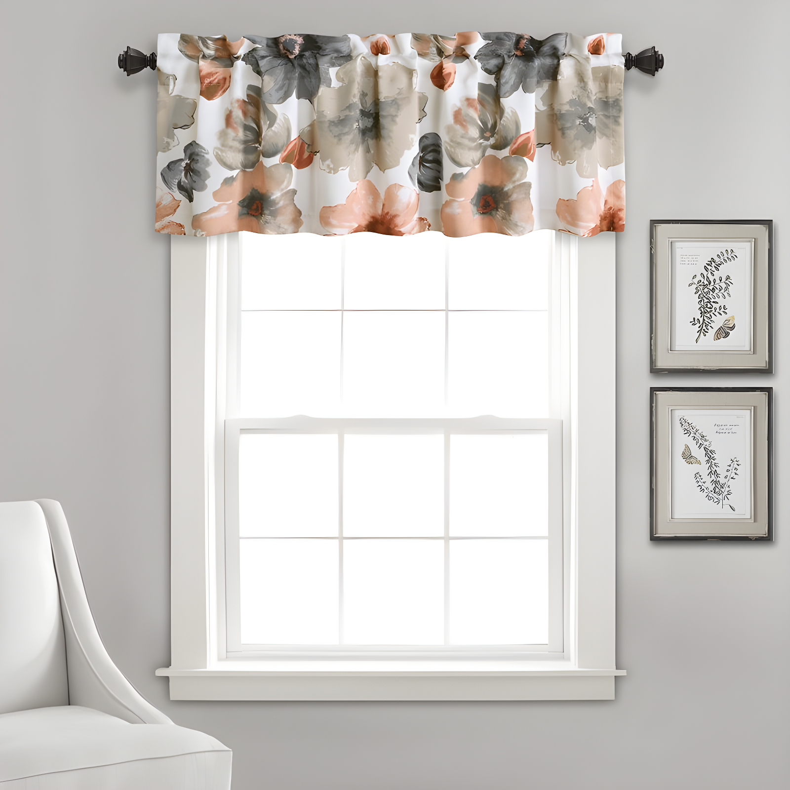 Leah Coral and Gray Floral Polyester Window Valance