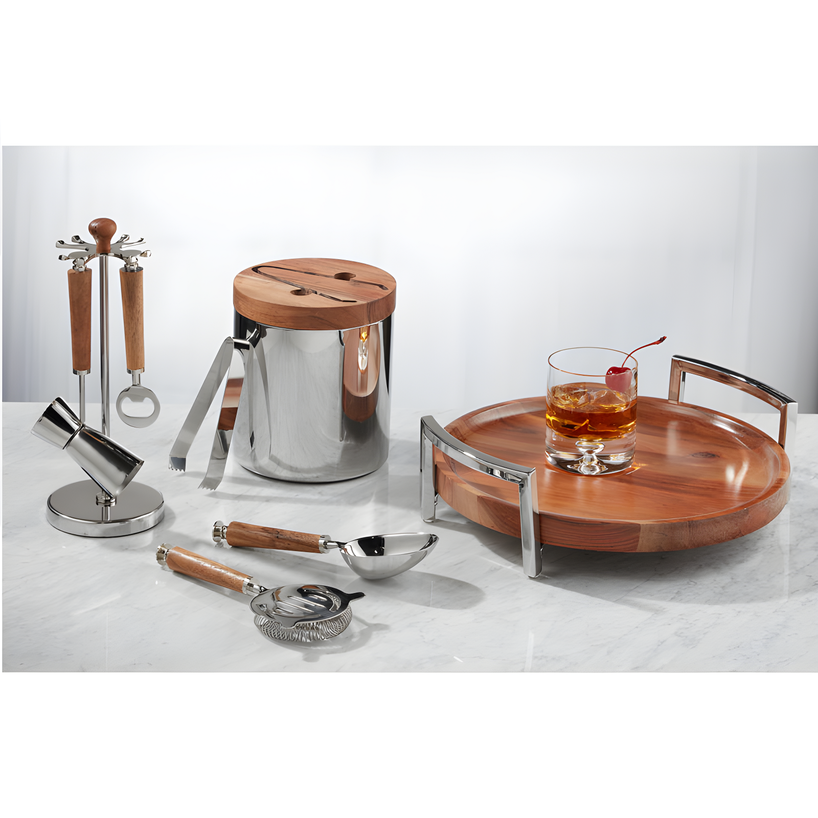 Napa Bar Stainless Steel and Acacia Wood Ice Bucket