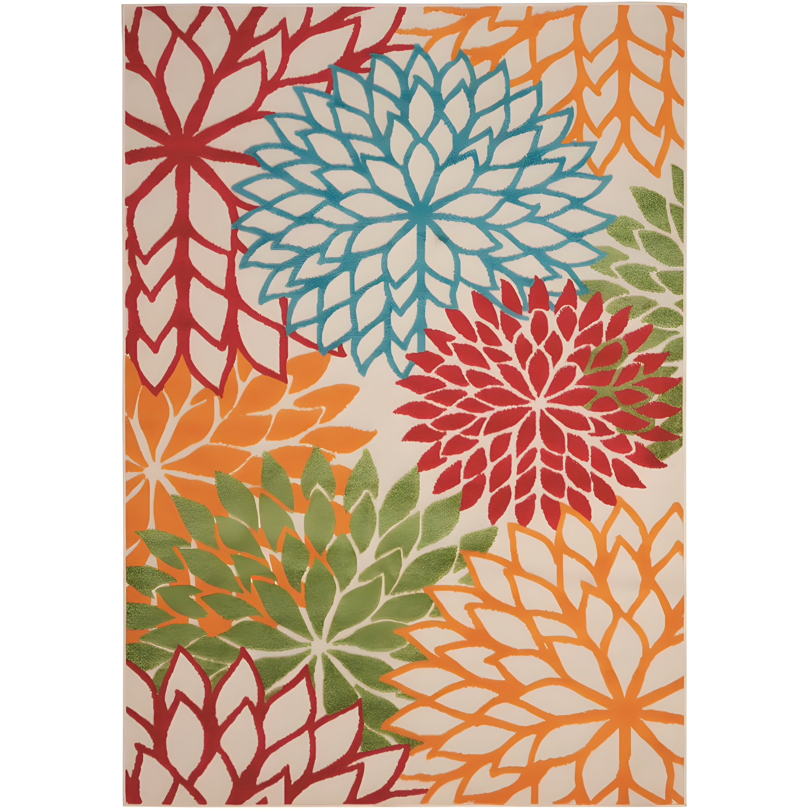 Large Orange and Green Floral Synthetic Rectangular Rug