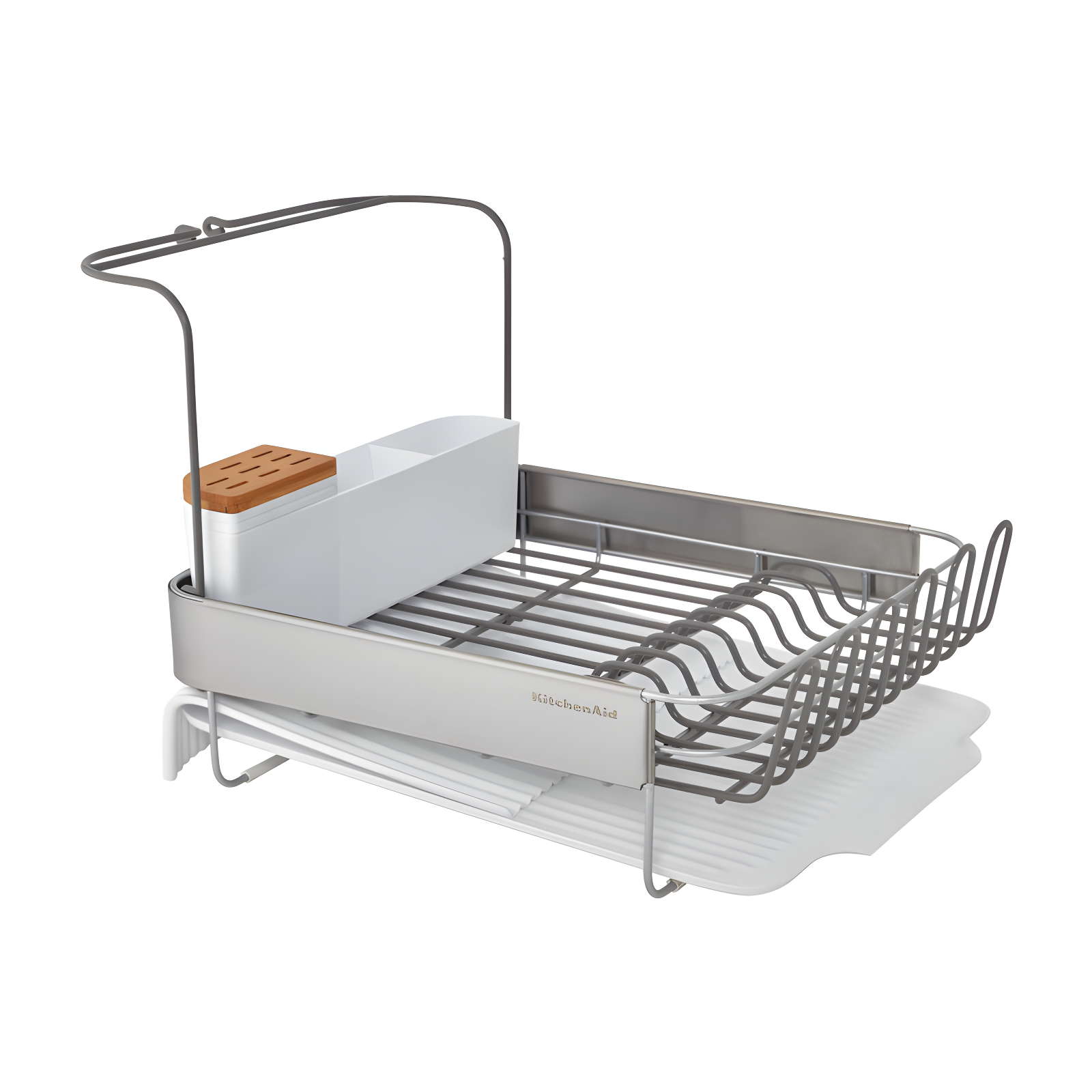 White Metal Expandable Dish Drying Rack with Bamboo Knife Block